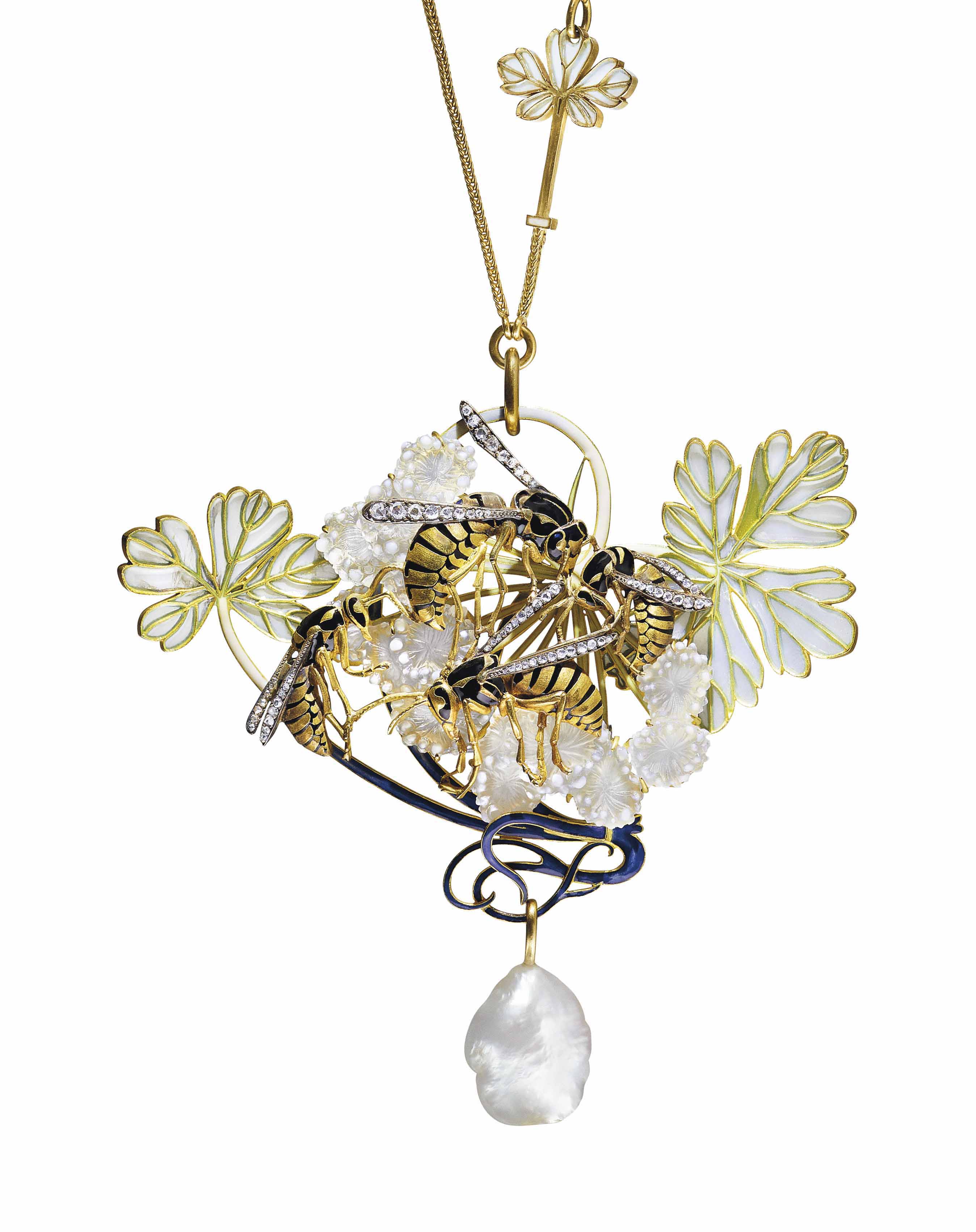 An Art Nouveau glass, enamel, diamond and pearl pendant necklace depicting wasps on a hawthorn branch, 1899-1901, by Ren&eacute; Lalique. Sold for CHF 972,500 on 13 November 2017 at Christie&rsquo;s in Geneva