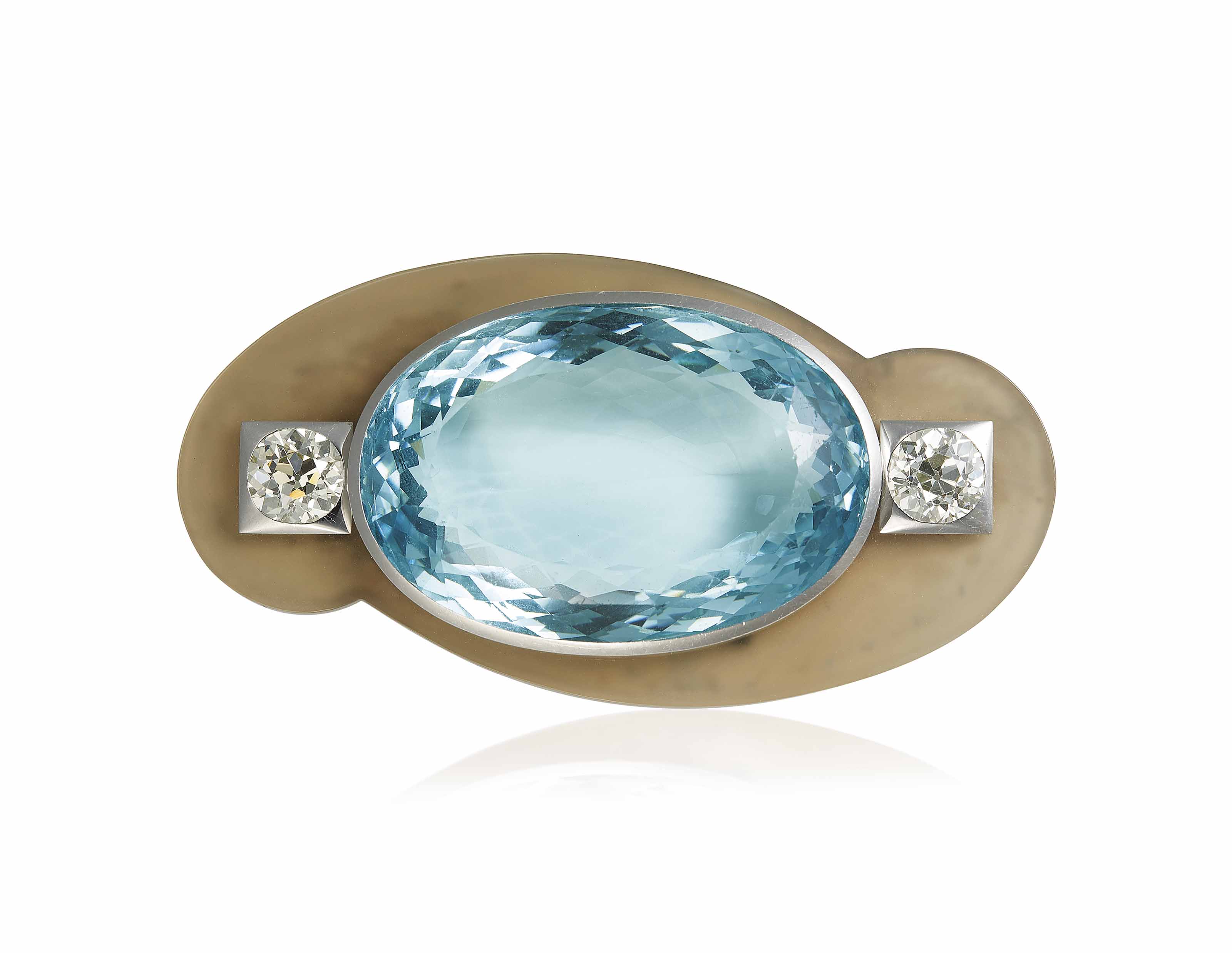 AN ART D CO AQUAMARINE DIAMOND AND AGATE BROOCH BY RAYMOND