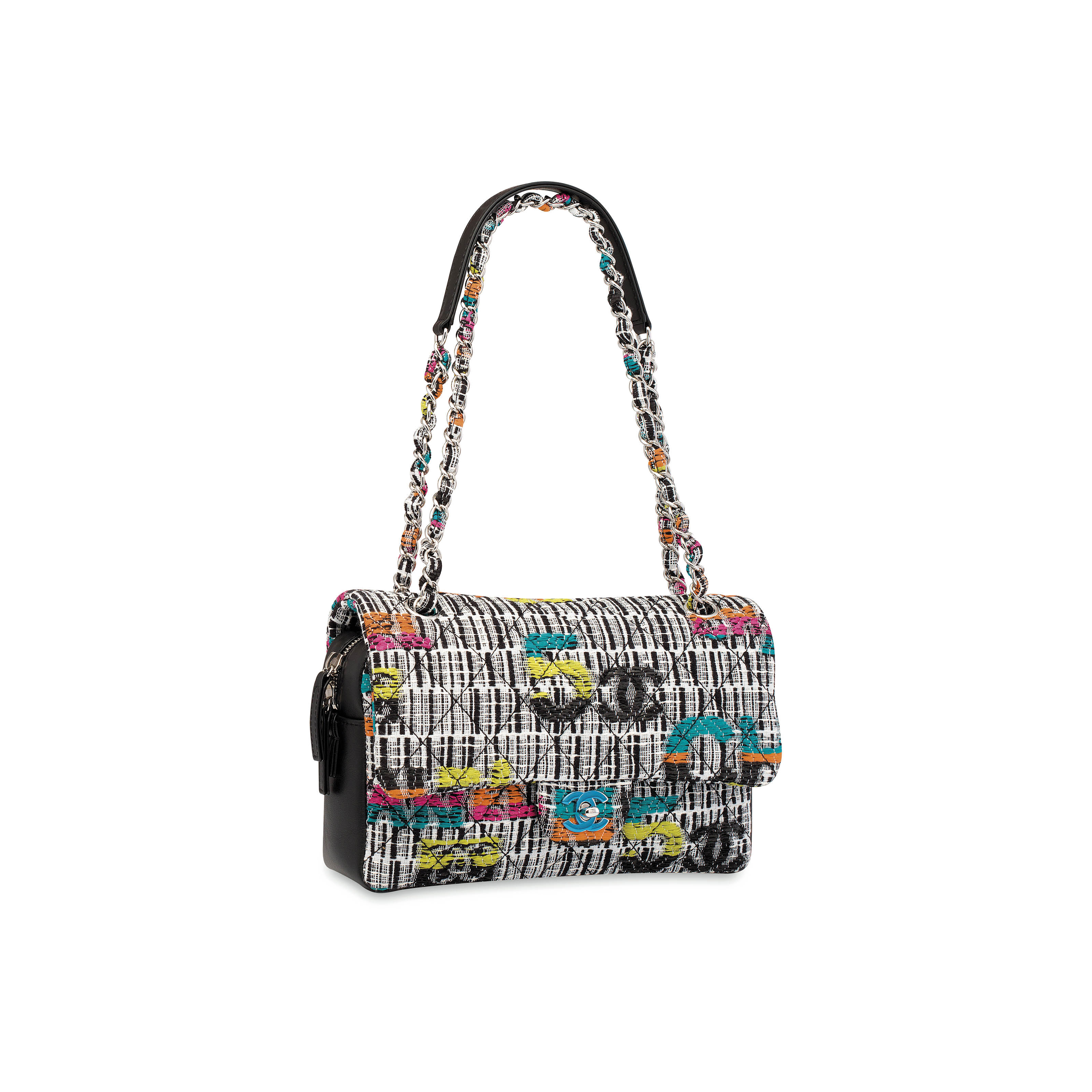 A BLACK, WHITE & MULTICOLOR FANTASY TWEED FLAP BAG WITH SILVER HARDWARE