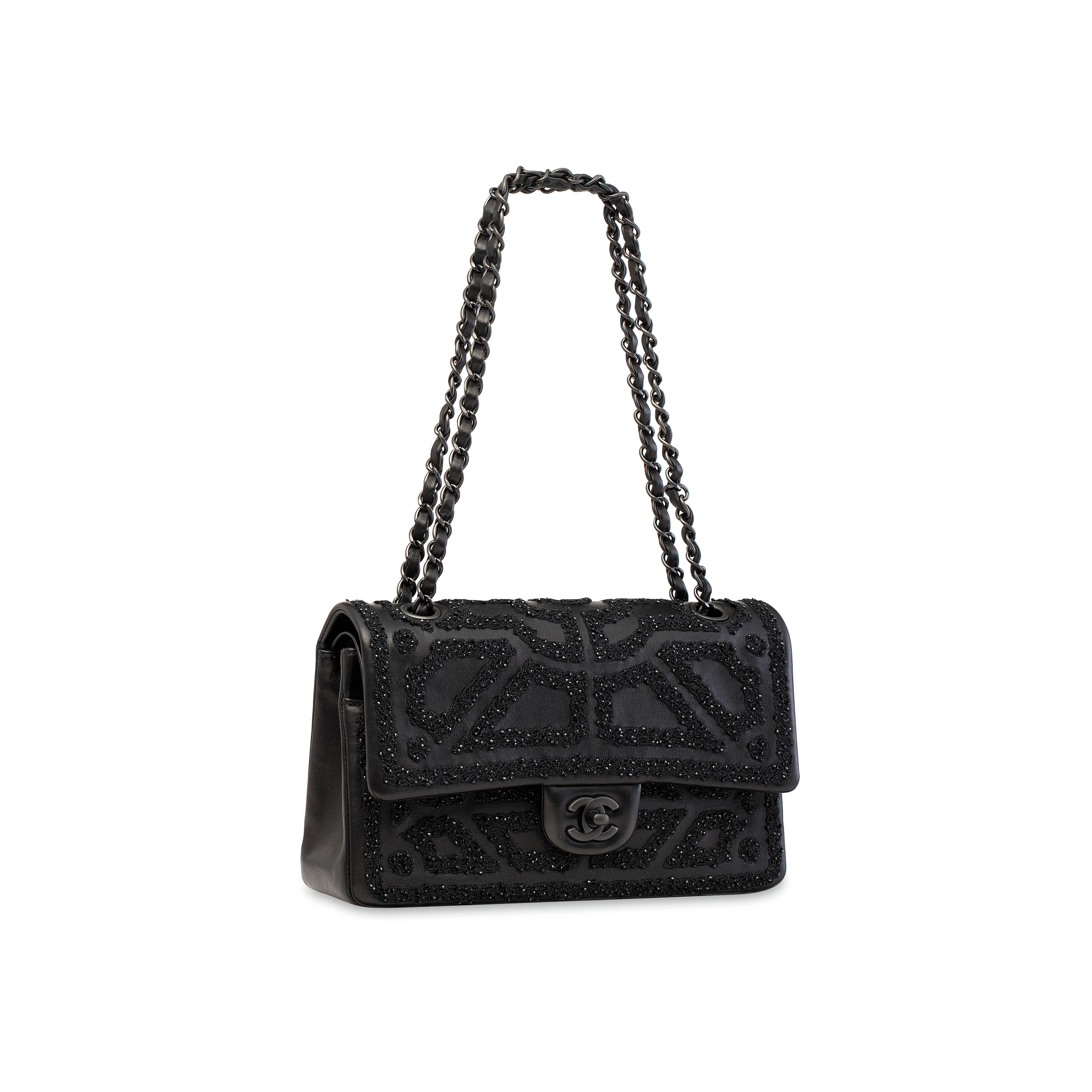A BLACK BEAD EMBROIDERED LAMBSKIN LEATHER FLAP BAG WITH BLACK HARDWARE