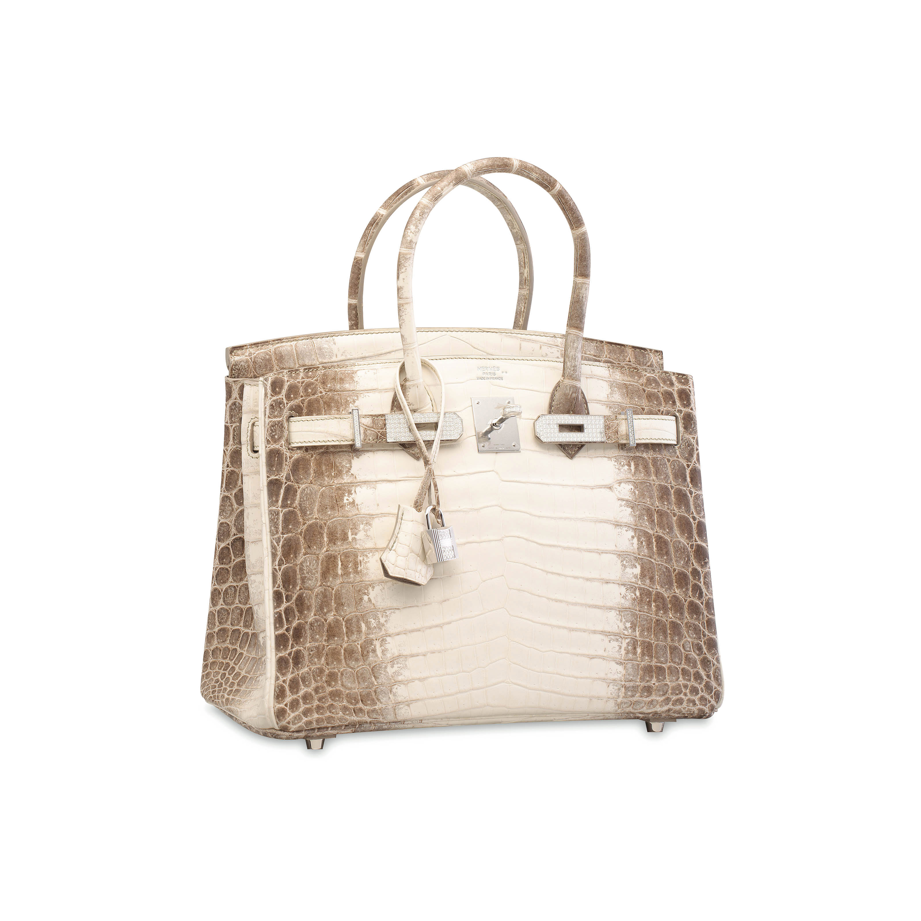 AN EXCEPTIONAL, MATTE WHITE HIMALAYA NILOTICUS CROCODILE DIAMOND BIRKIN 30  WITH 18K WHITE GOLD & DIAMOND HARDWARE