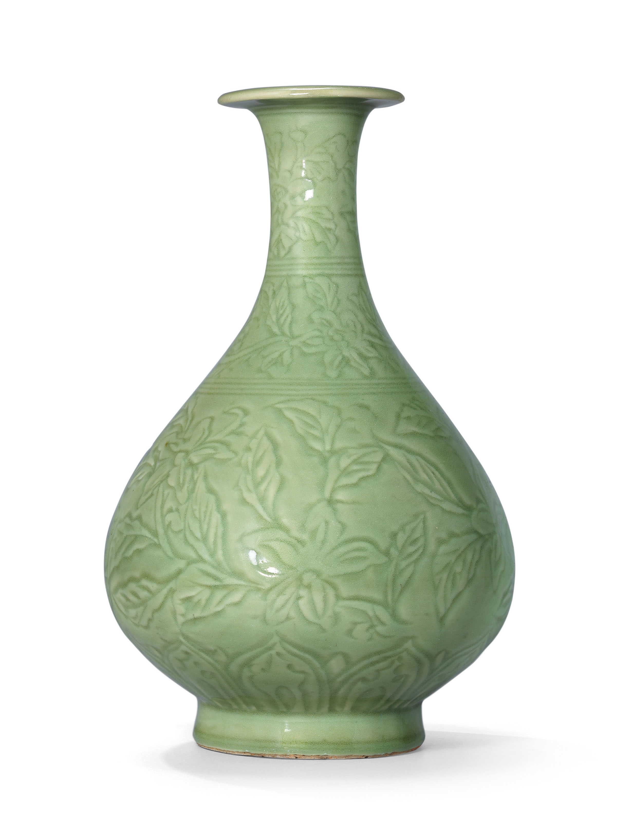 A VERY RARE CARVED LONGQUAN CELADON BOTTLE VASE, YUHUCHUNPING , HONGWU PERIOD (13681398