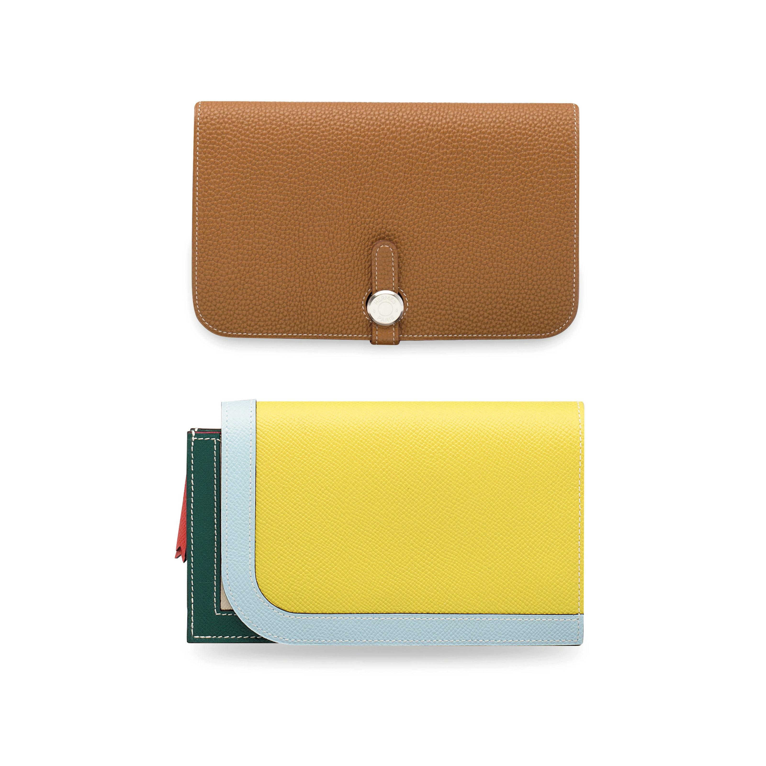 A SET OF TWO WALLETS: A MULTICOLOUR CAMAIL WALLET & A GOLD TOGO DOGON WALLET WITH PALLADIUM 