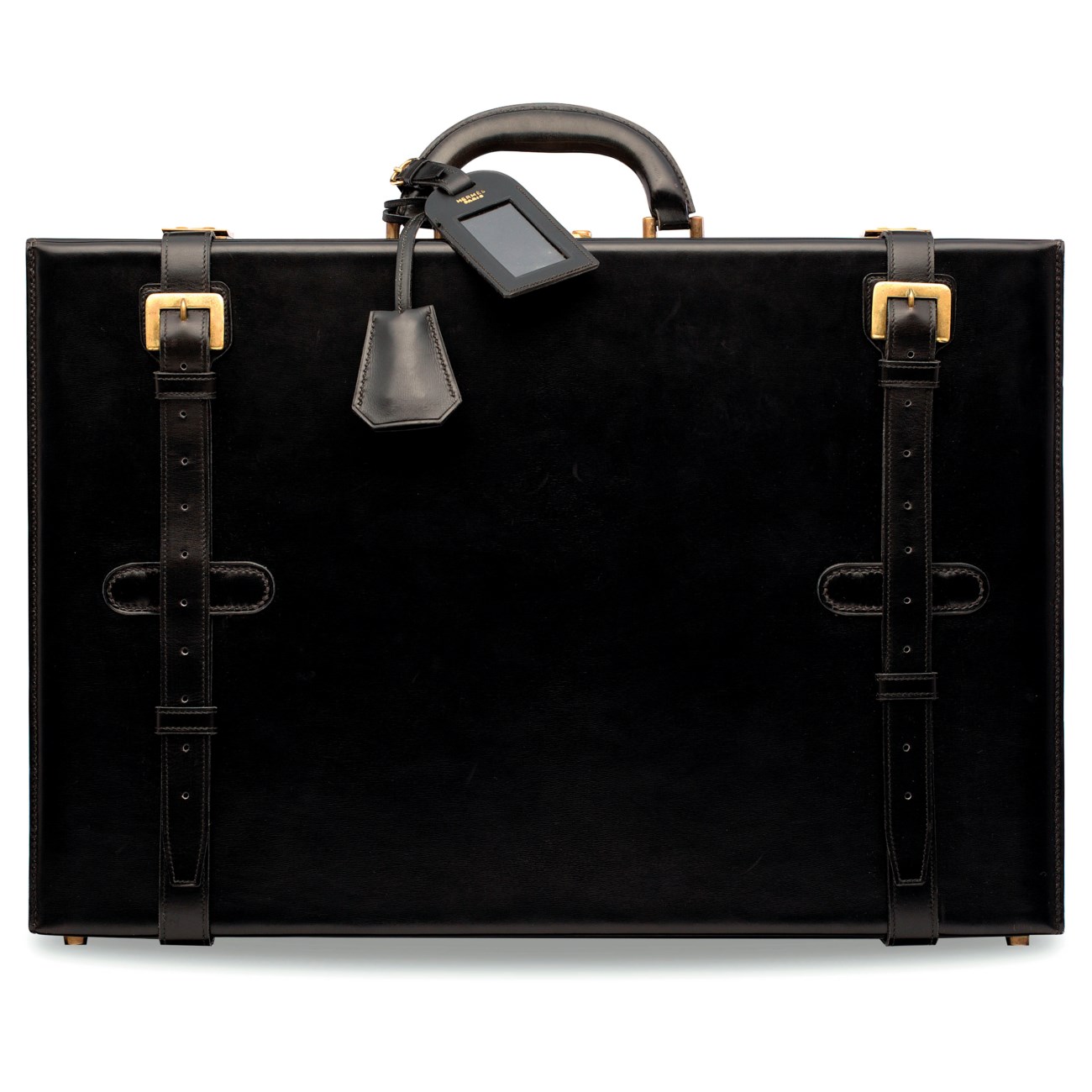 A FINE BLACK CALF BOX LEATHER TRUNK BRIEFCASE WITH GOLD HARDWARE