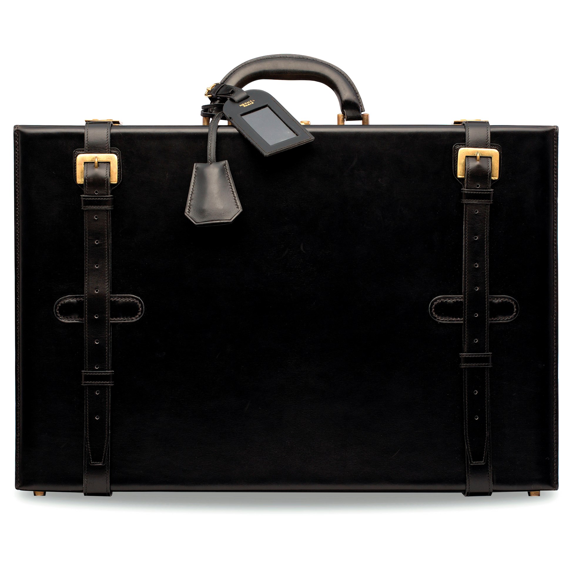 A FINE BLACK CALF BOX LEATHER TRUNK BRIEFCASE WITH GOLD HARDWARE