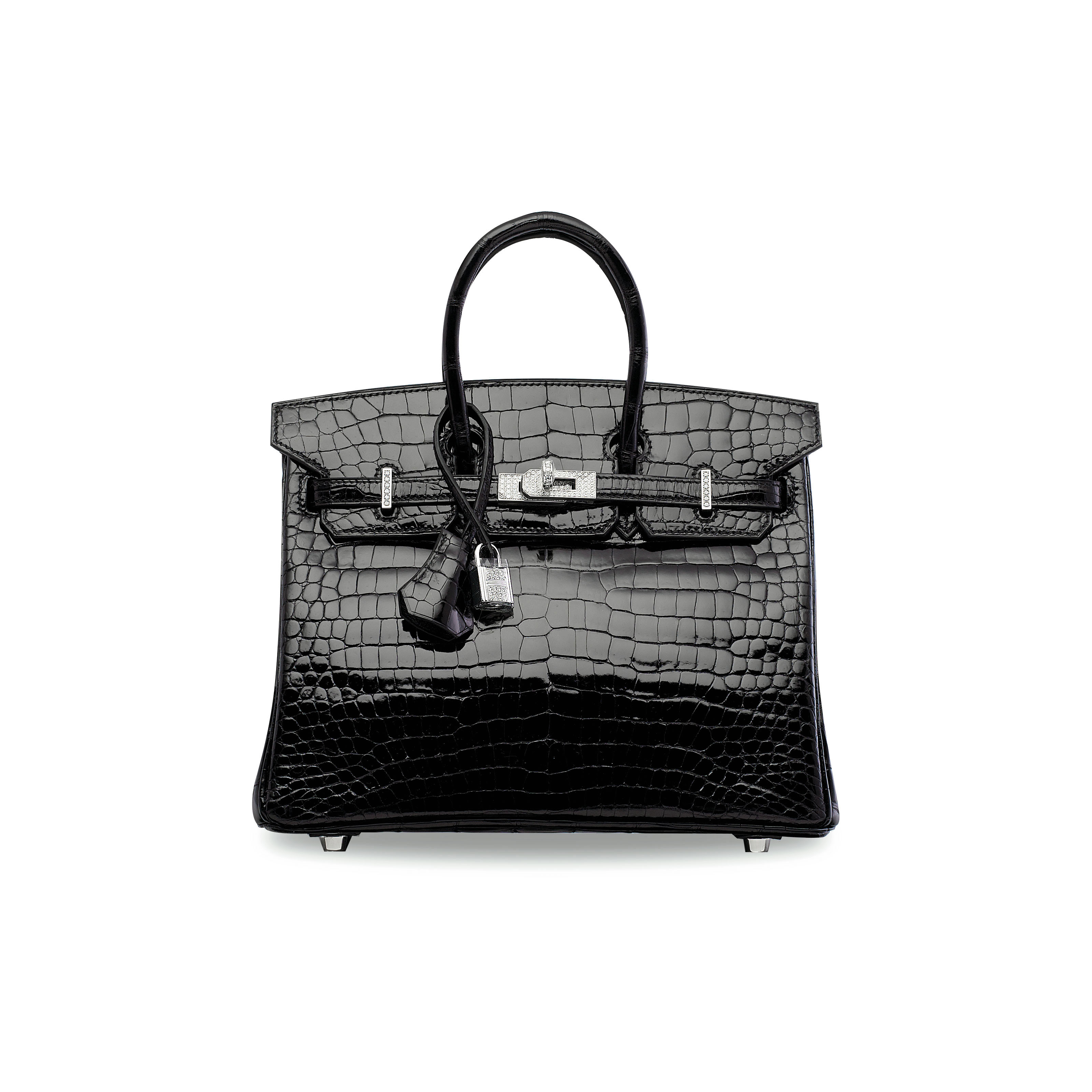 AN EXCEPTIONAL SHINY BLACK POROSUS CROCODILE DIAMOND BIRKIN 25