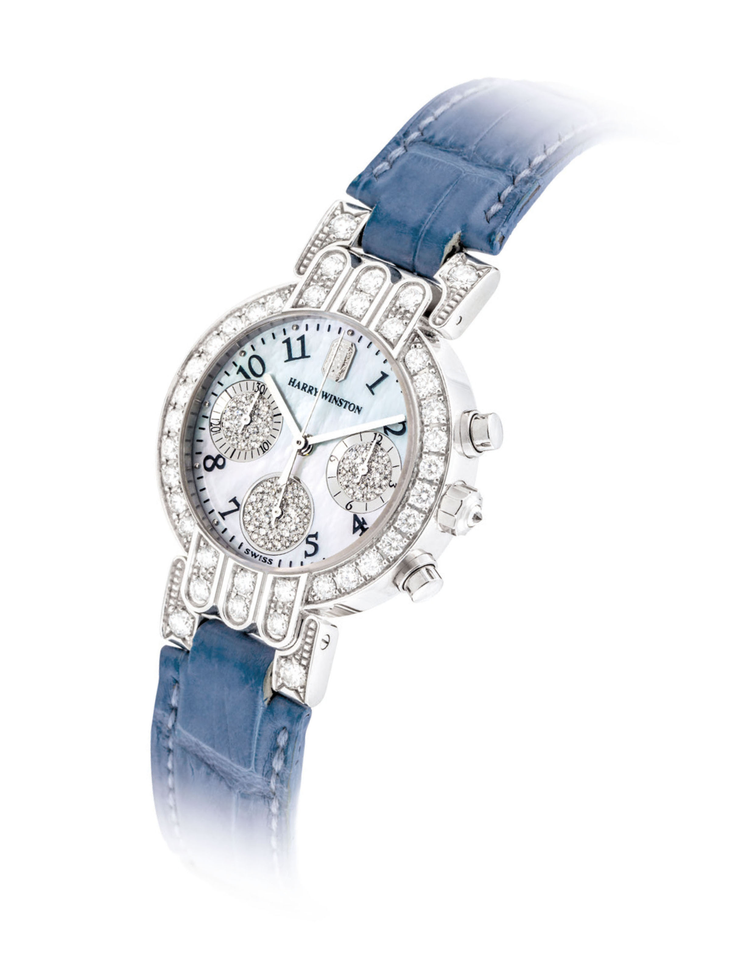 HARRY WINSTON. A LADY’S 18K WHITE GOLD AND DIAMONDSET CHRONOGRAPH