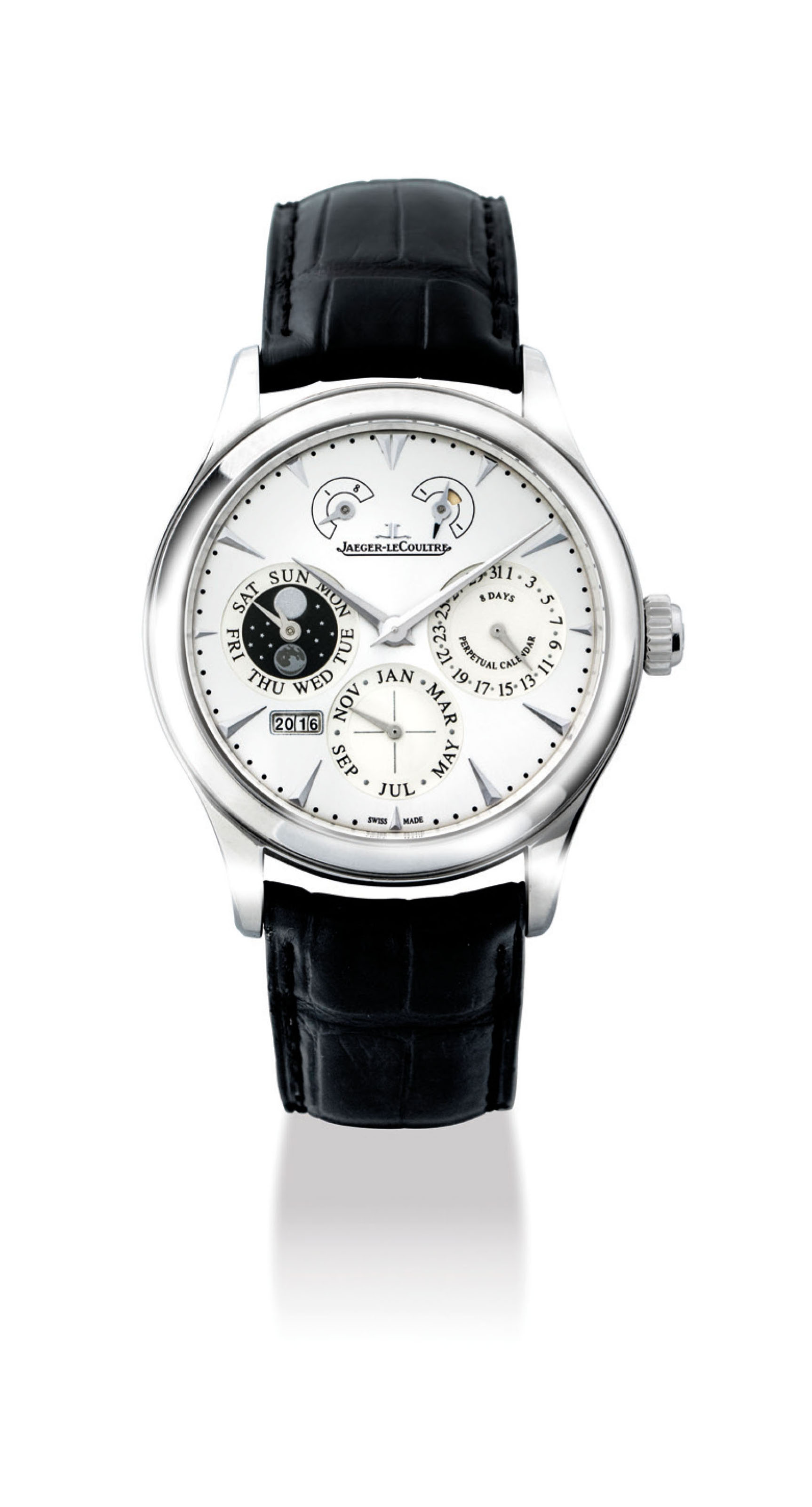 JAEGERLECOULTRE. A FINE STAINLESS STEEL PERPETUAL CALENDAR WRISTWATCH