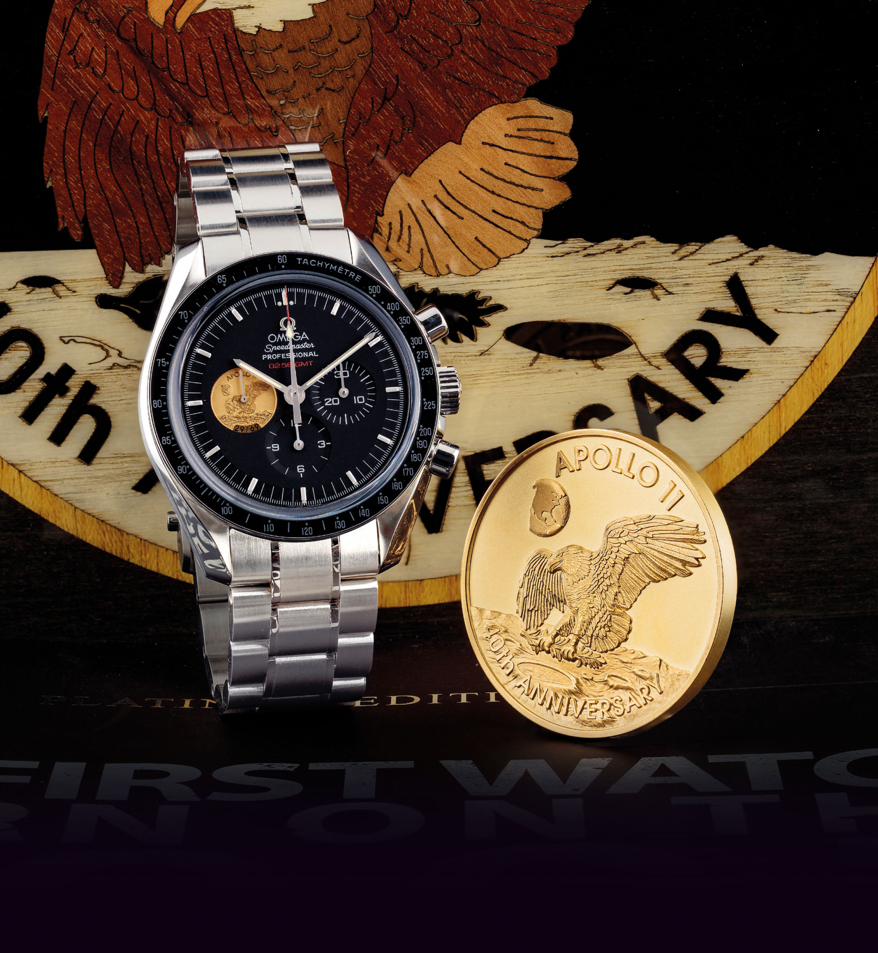 OMEGA. A FINE AND VERY RARE PLATINUM LIMITED EDITION CHRONOGRAPH WRISTWATCH WITH BRACELET SIGNED OMEGA SPEEDMASTER PROFESSIONAL APOLLO XI LIMITED EDITION 40TH ANNIVERSARY MODEL NO. 29 69 REF. 31190423...