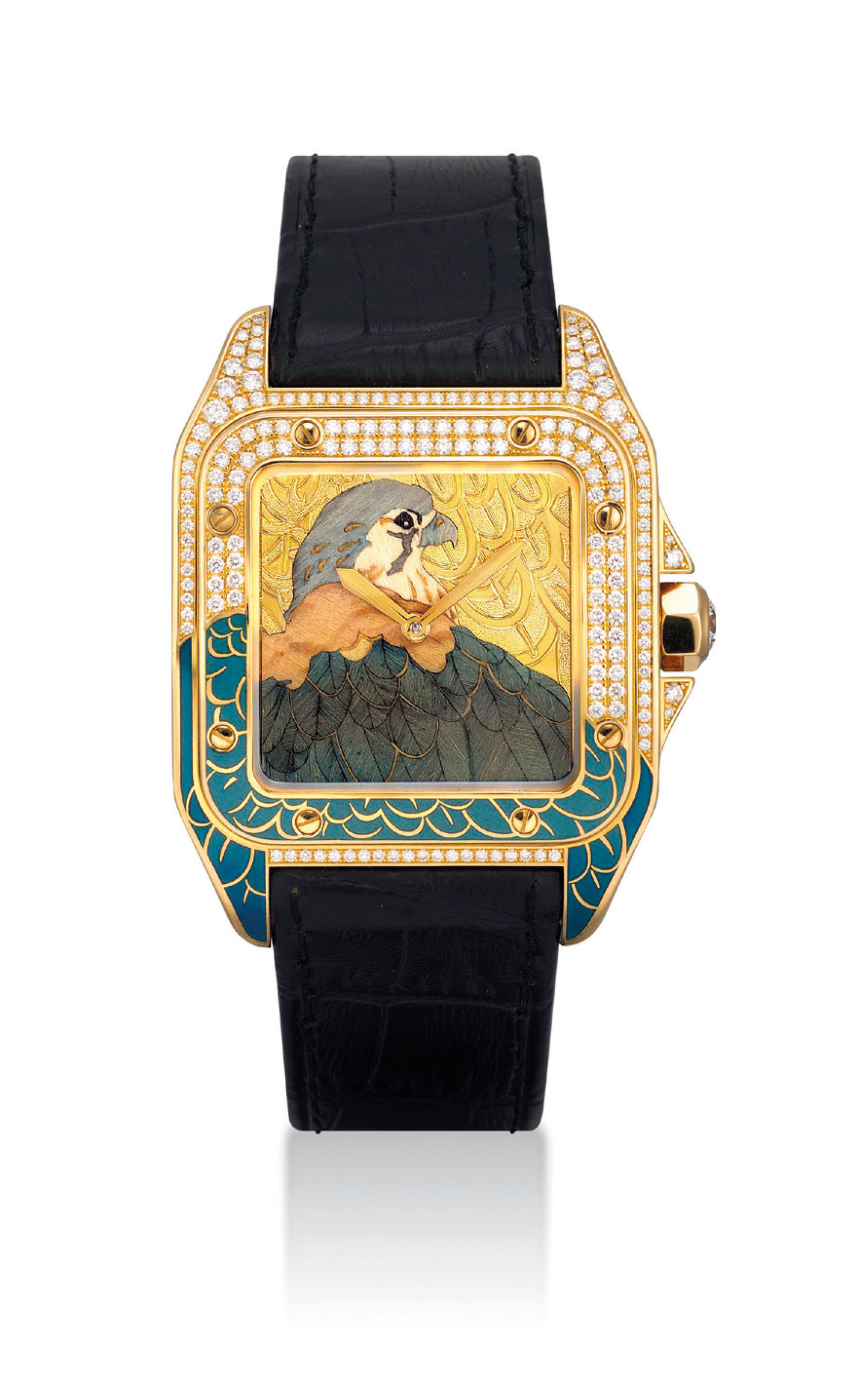 CARTIER. A VERY FINE AND EXTREMELY RARE 18K GOLD, ENAMEL AND DIAMOND