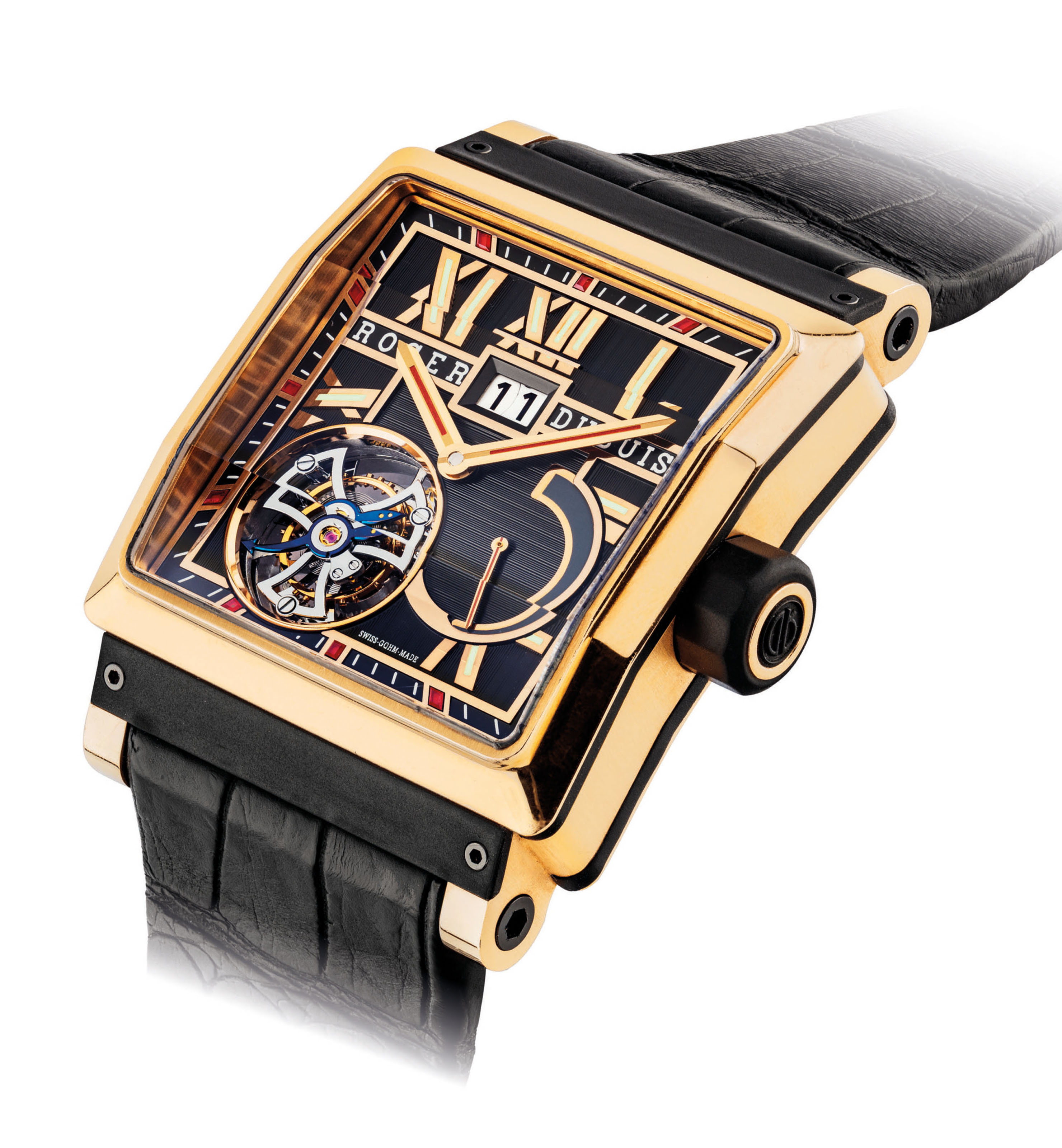 ROGER DUBUIS. AN 18K PINK GOLD RUBBER AND RUBY SET LIMITED EDITION SQUARE FLYING TOURBILLON WRISTWATCH WITH POWER RESERVE AND DATE SIGNED ROGER DUBUIS KING SQUARE MODEL REF. KS40 03 51 00 MOVEMENT NO....
