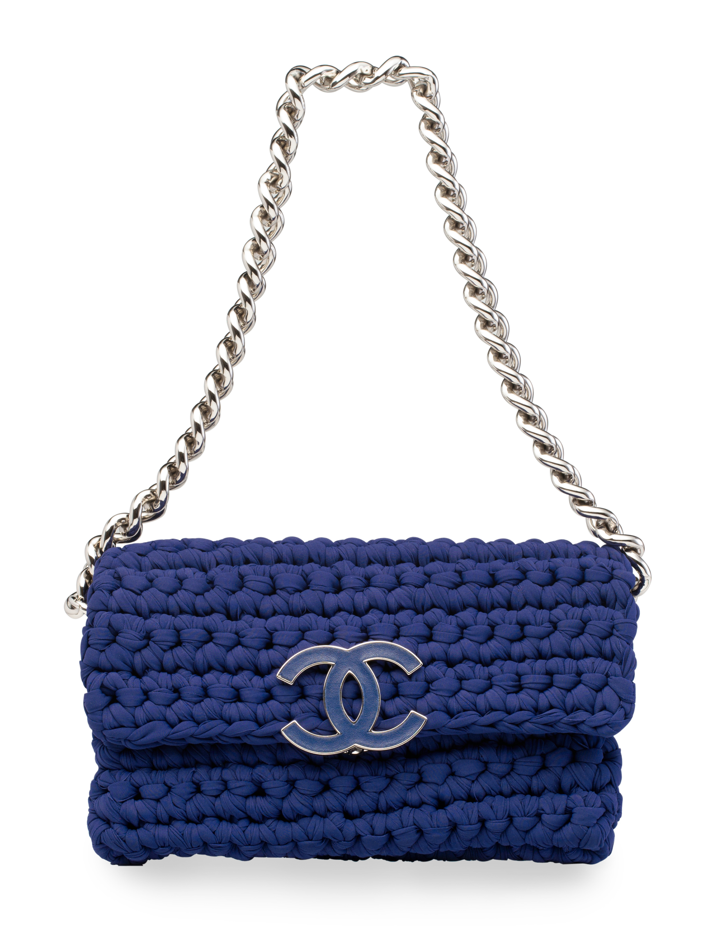 A BLUE CROCHET SINGLE FLAP BAG WITH SILVER HARDWARE, CHANEL, 2014