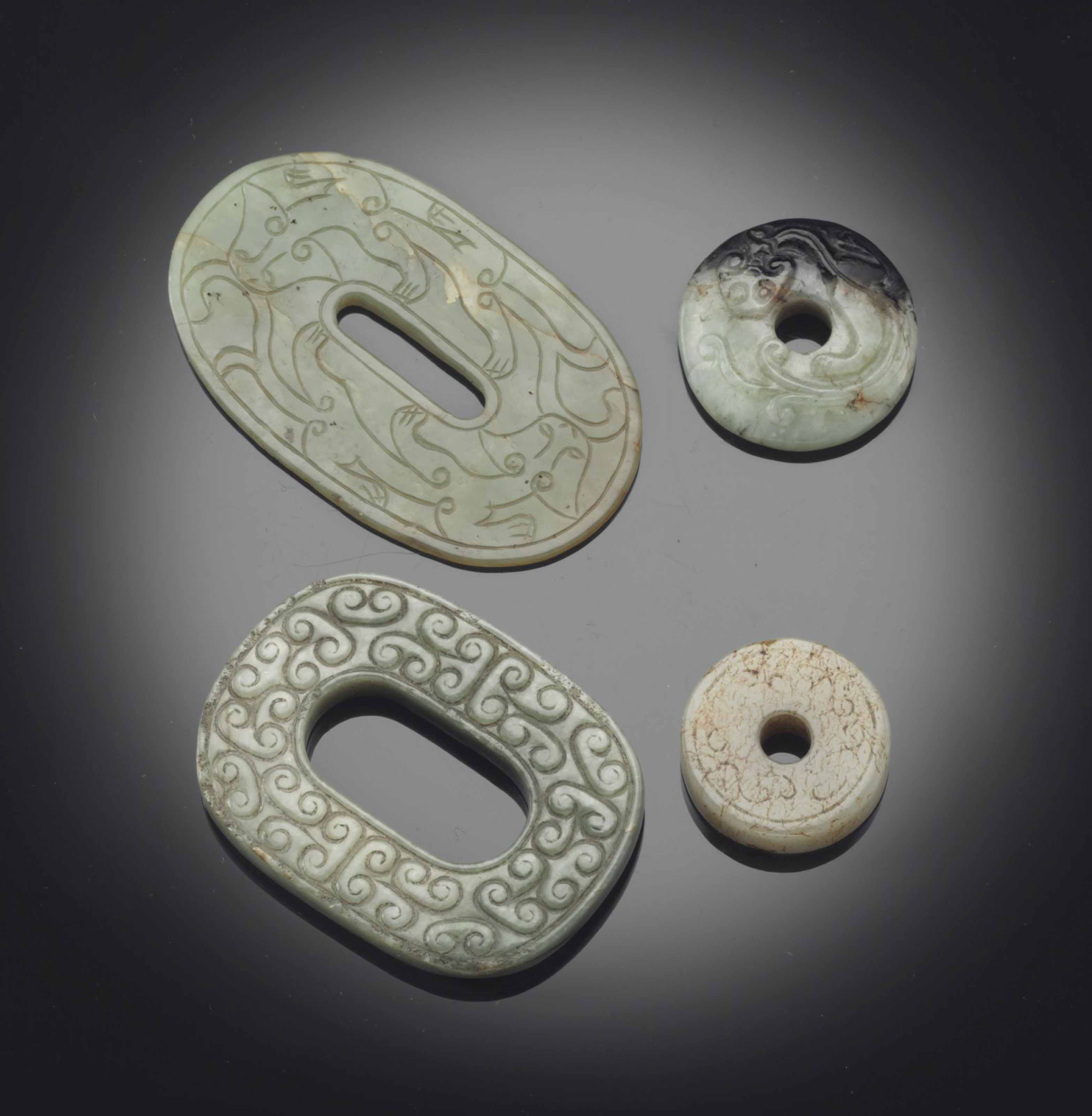 FOUR SMALL ARCHAISTIC JADE ORNAMENTS , SONGMING DYNASTY, 12TH17TH