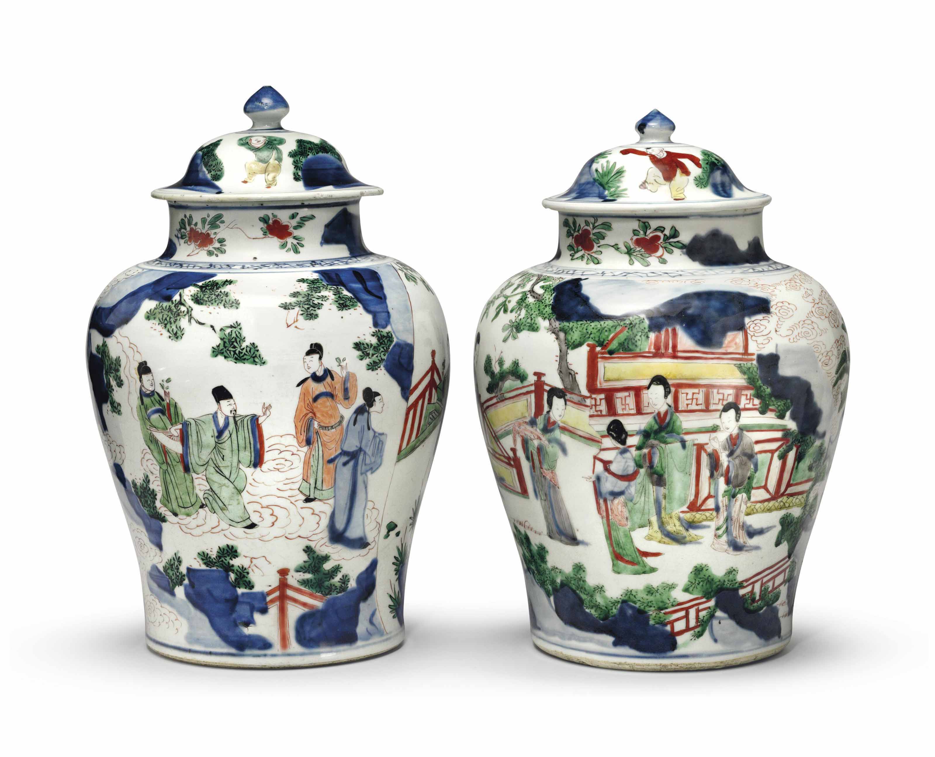 A PAIR OF WUCAI JARS AND COVERS , LATE MING DYNASTY Christie's