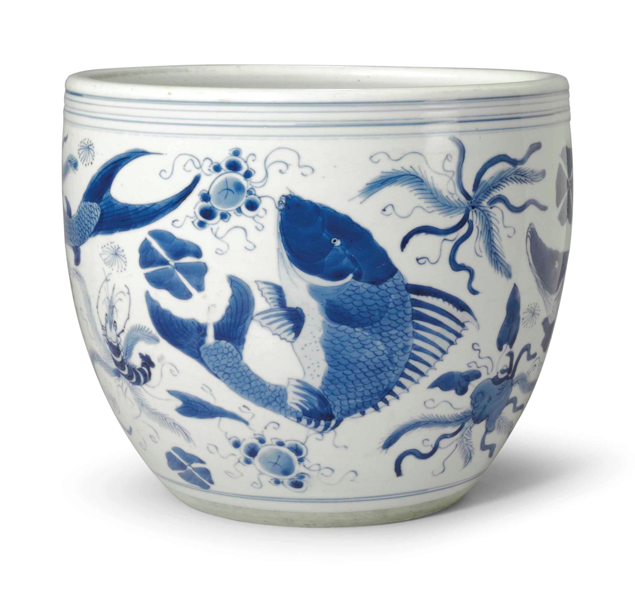 A SMALL BLUE AND WHITE JARDINIÈRE