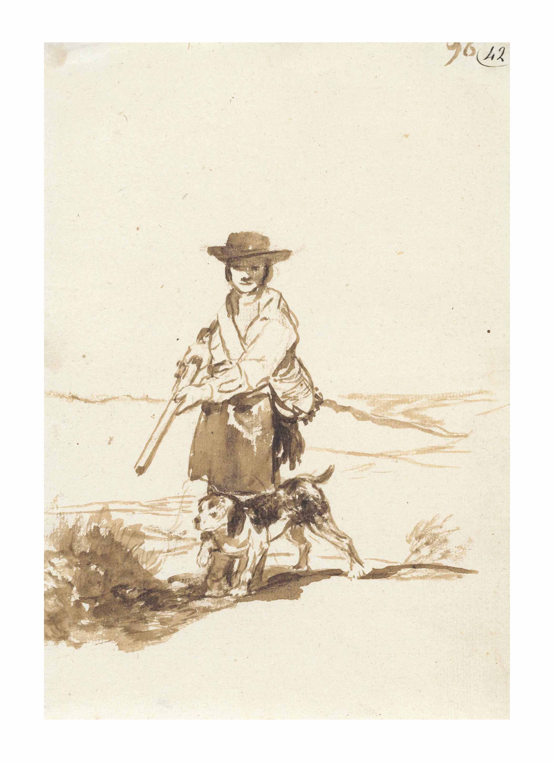 A hunter with his dog in a landscape