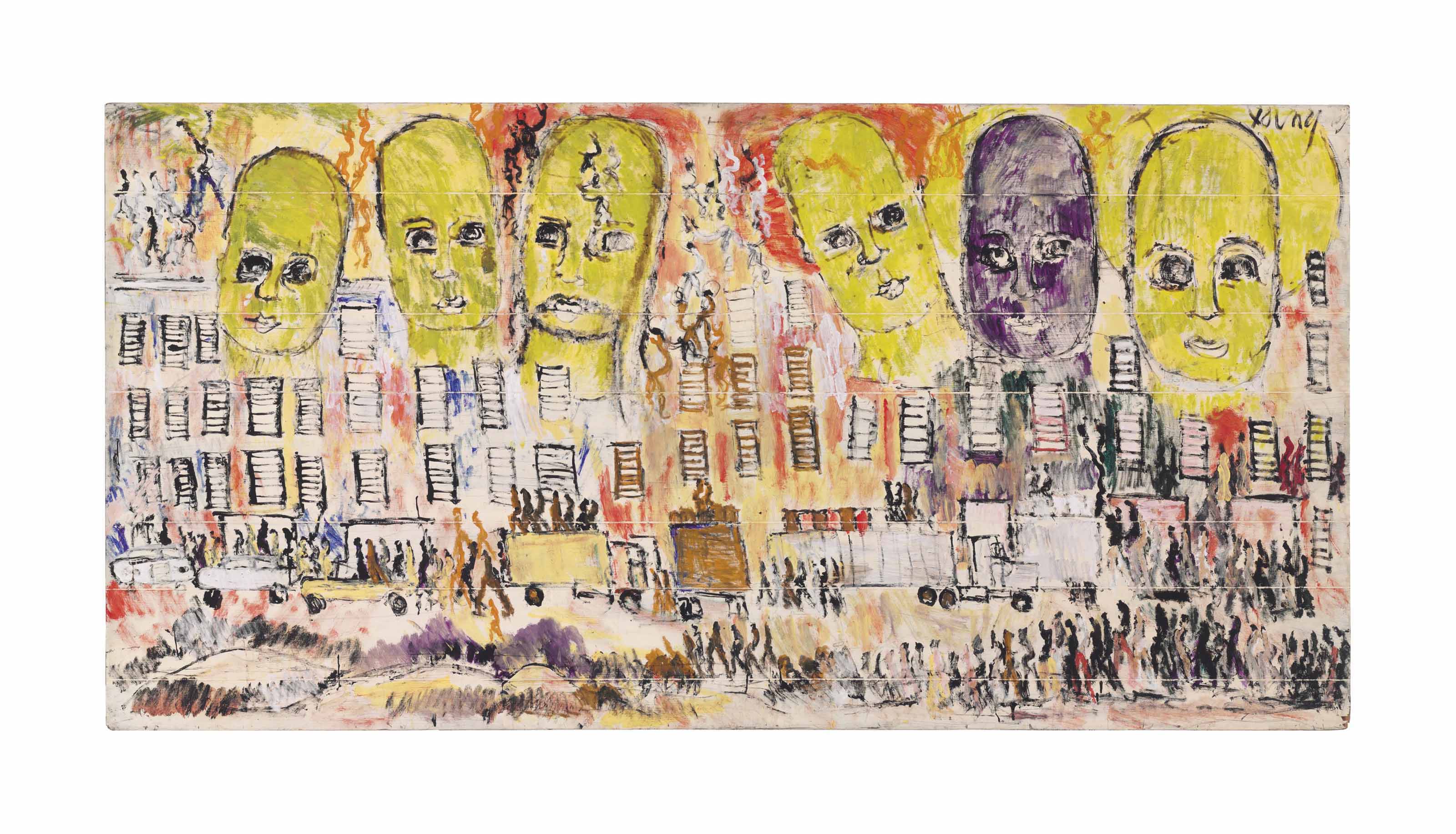 Purvis Young 1943 2010 Cityscape With Faces Trucks And
