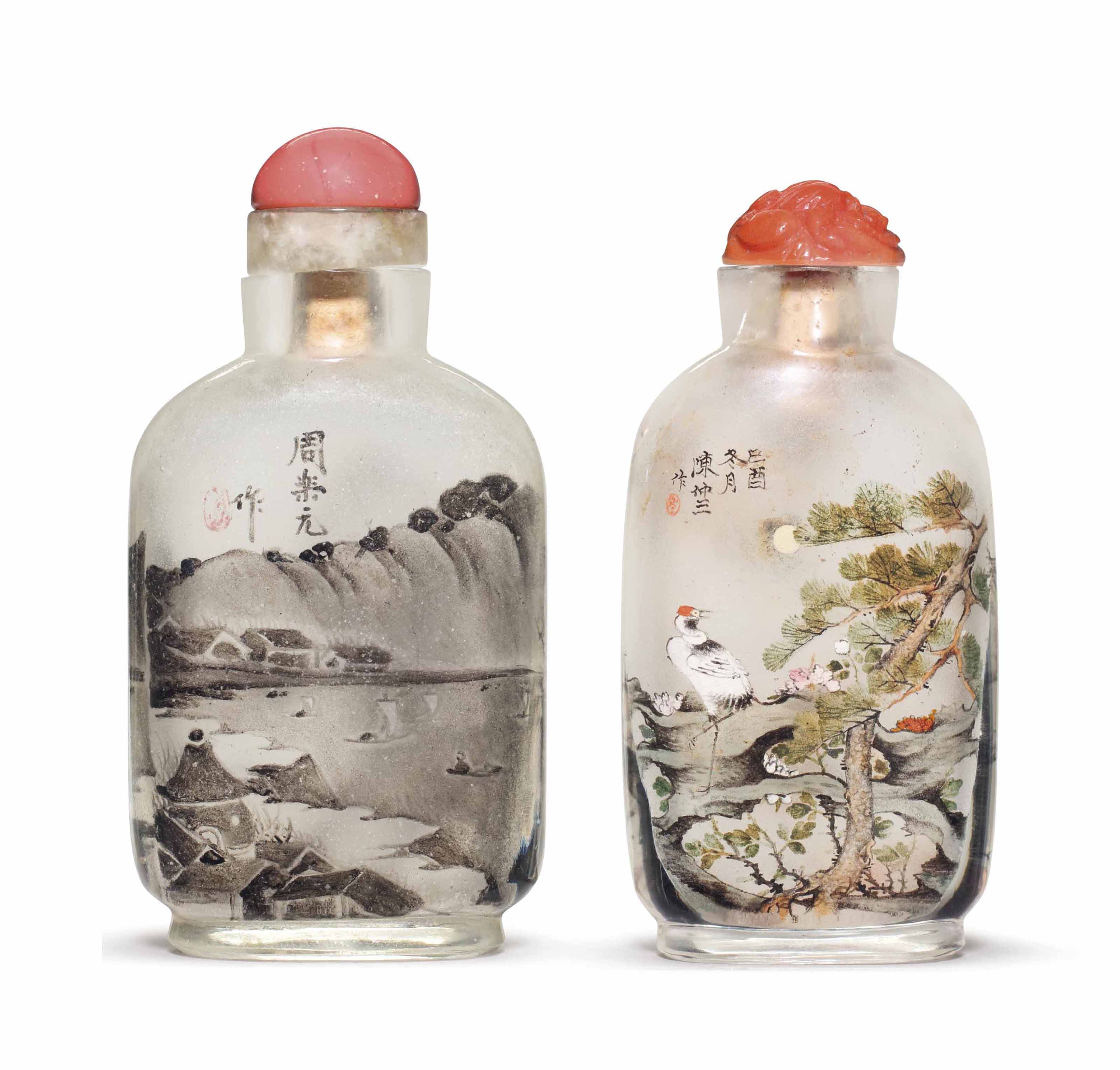 TWO INSIDEPAINTED GLASS SNUFF BOTTLES