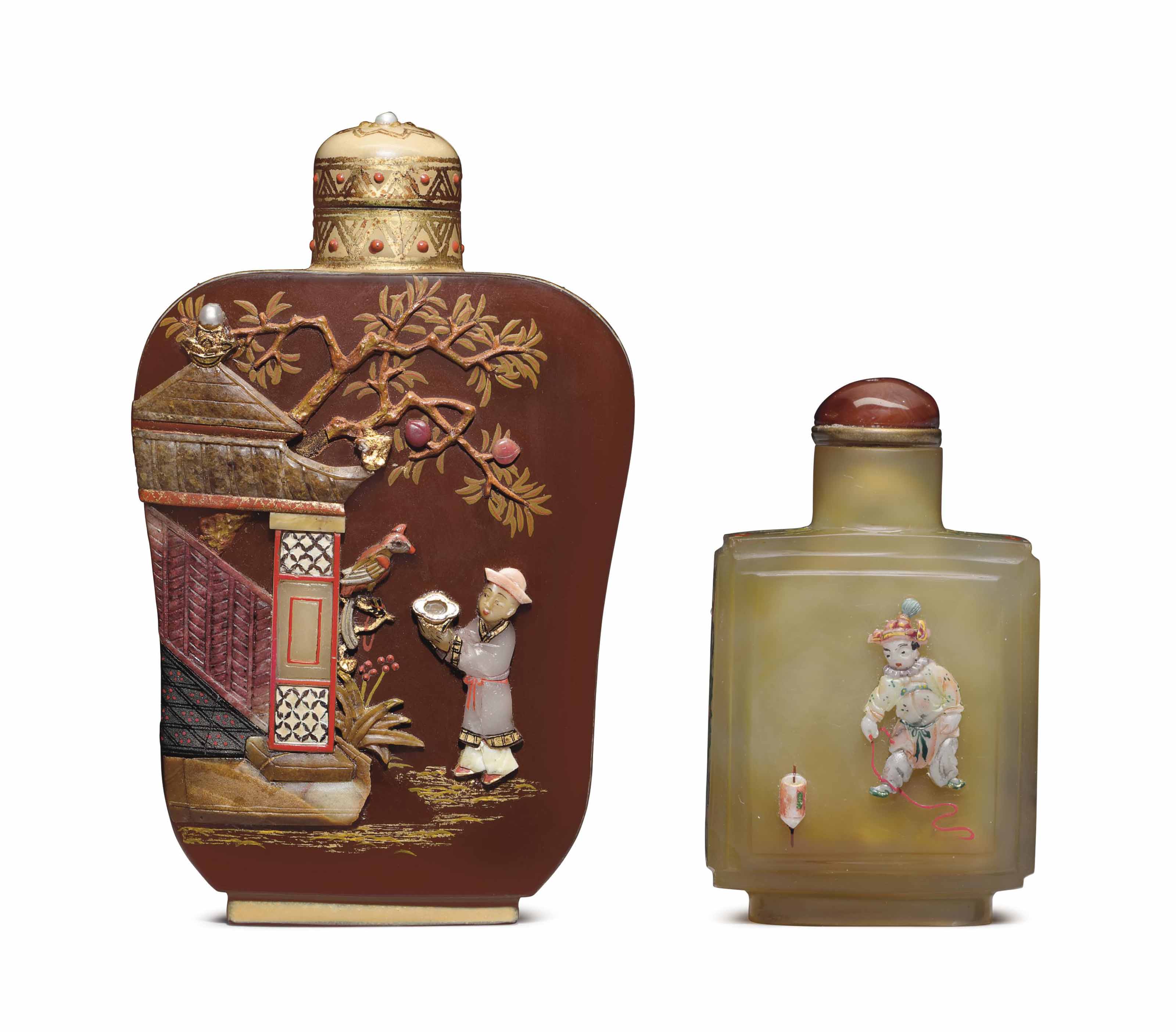 TWO EMBELLISHED SNUFF BOTTLES , TSUDA FAMILY, KYOTO, JAPAN, 19001940