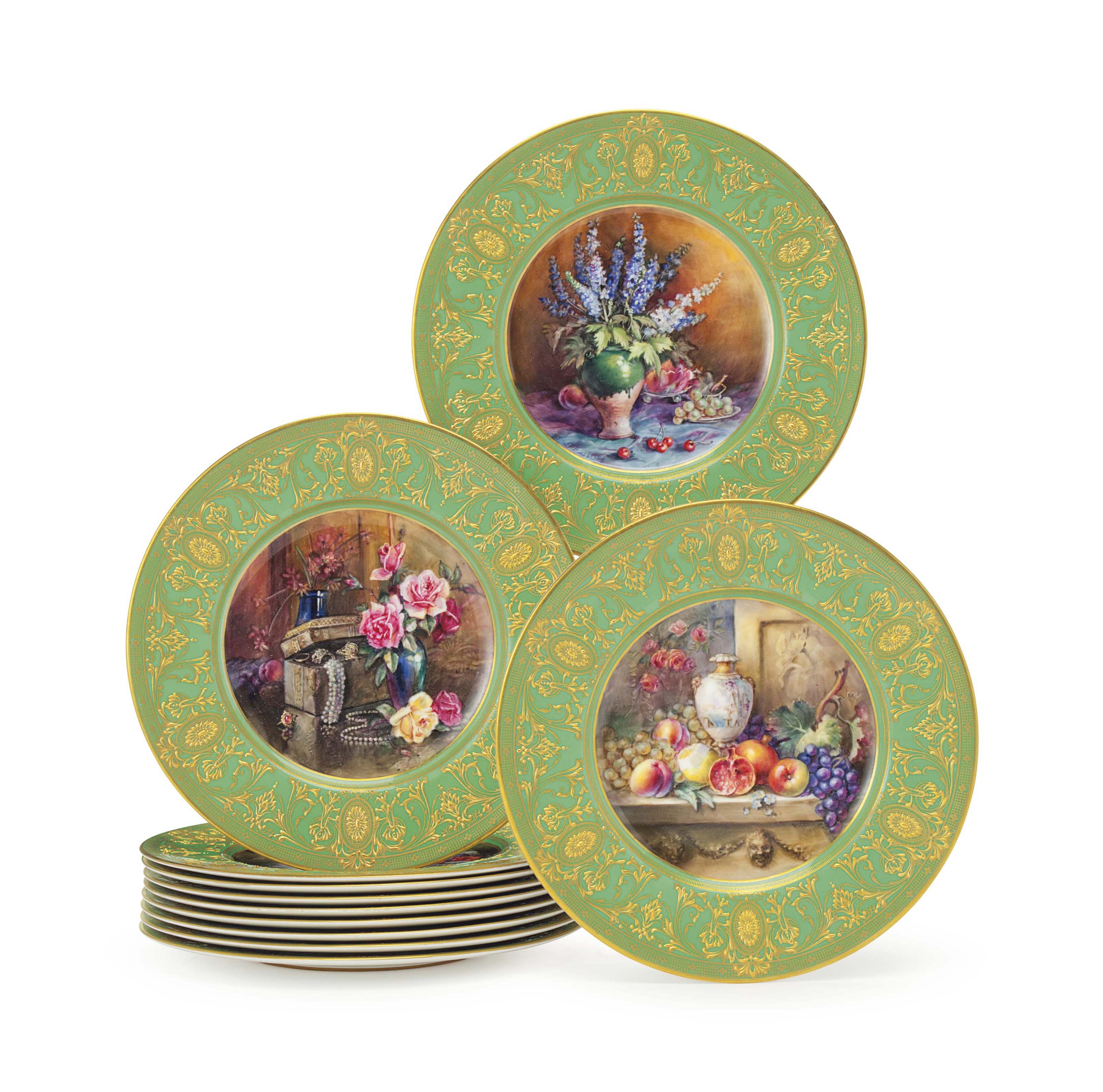 ELEVEN ROYAL WORCESTER PORCELAIN GREEN-GROUND CABINET PLATES...