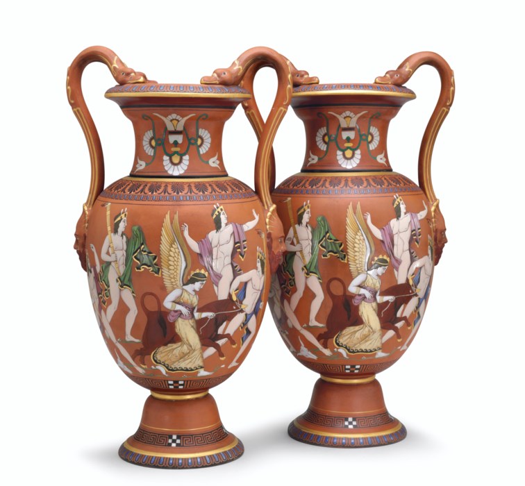 A PAIR OF SAMUEL ALCOCK REDWARE GREEK REVIVAL SNAKEHANDLED VASES