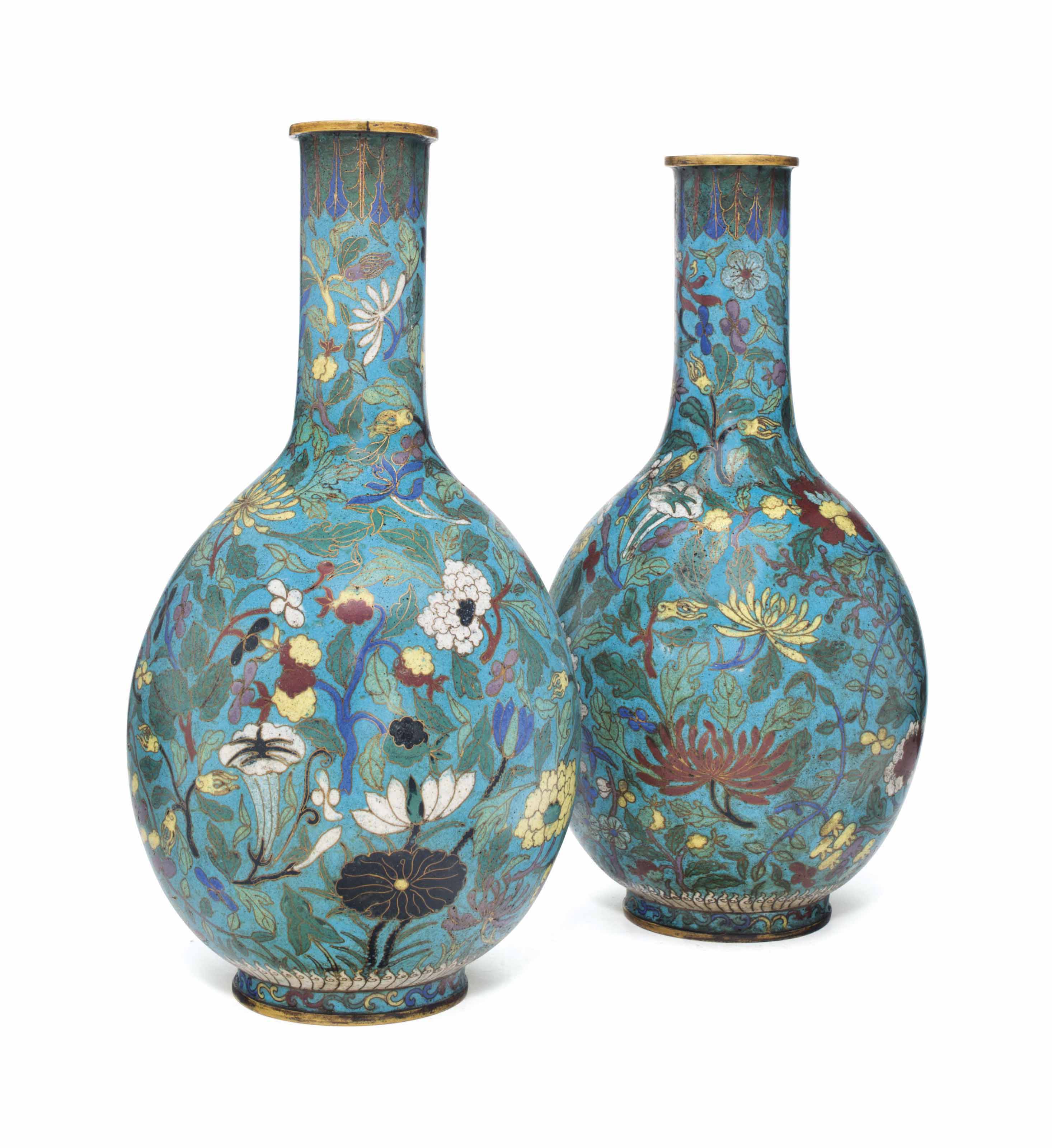 A PAIR OF CHINESE CLOISONNE ENAMEL MINGSTYLE BOTTLE VASES