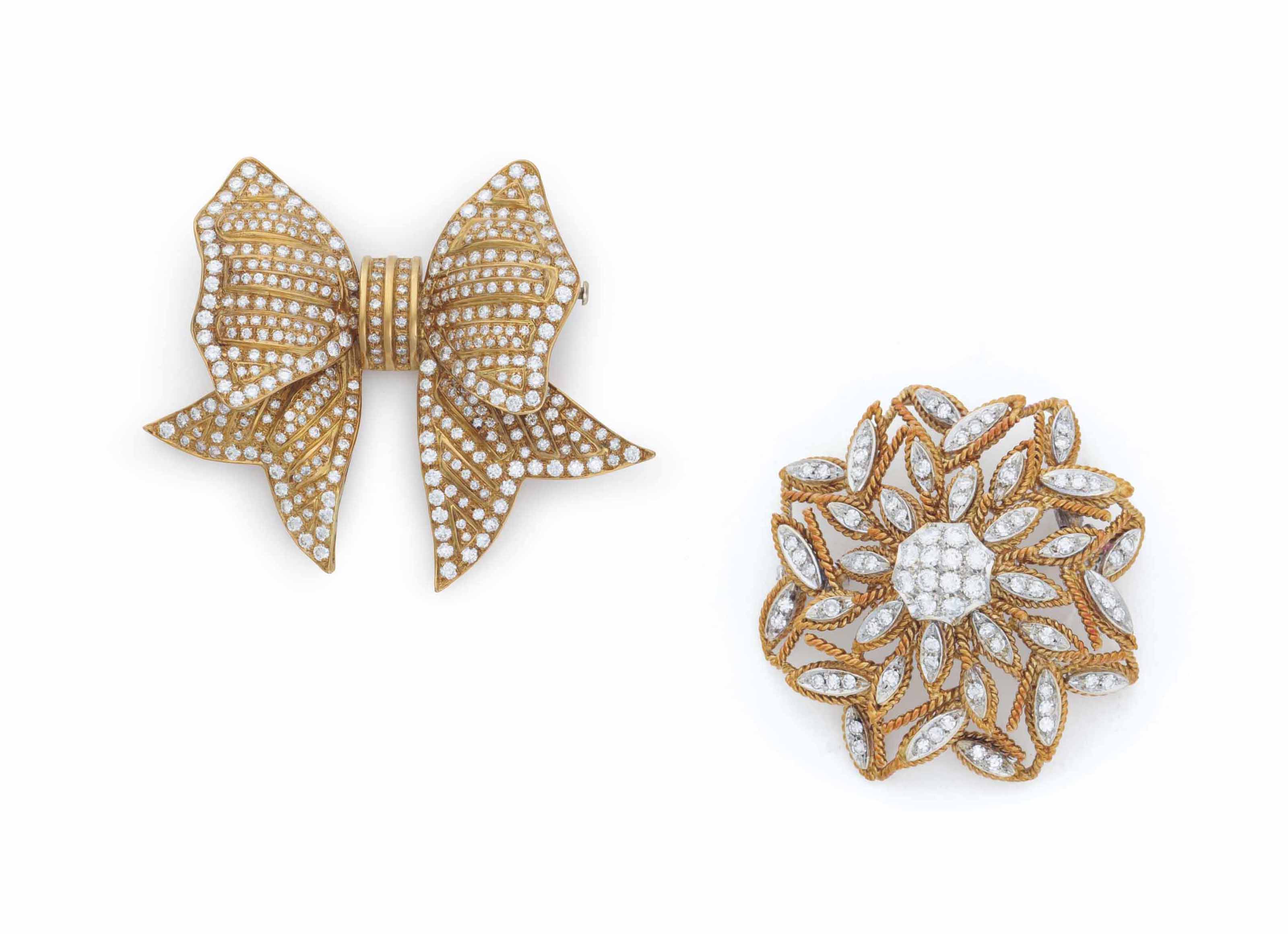 TWO DIAMOND AND YELLOW GOLD BROOCHES Christie's