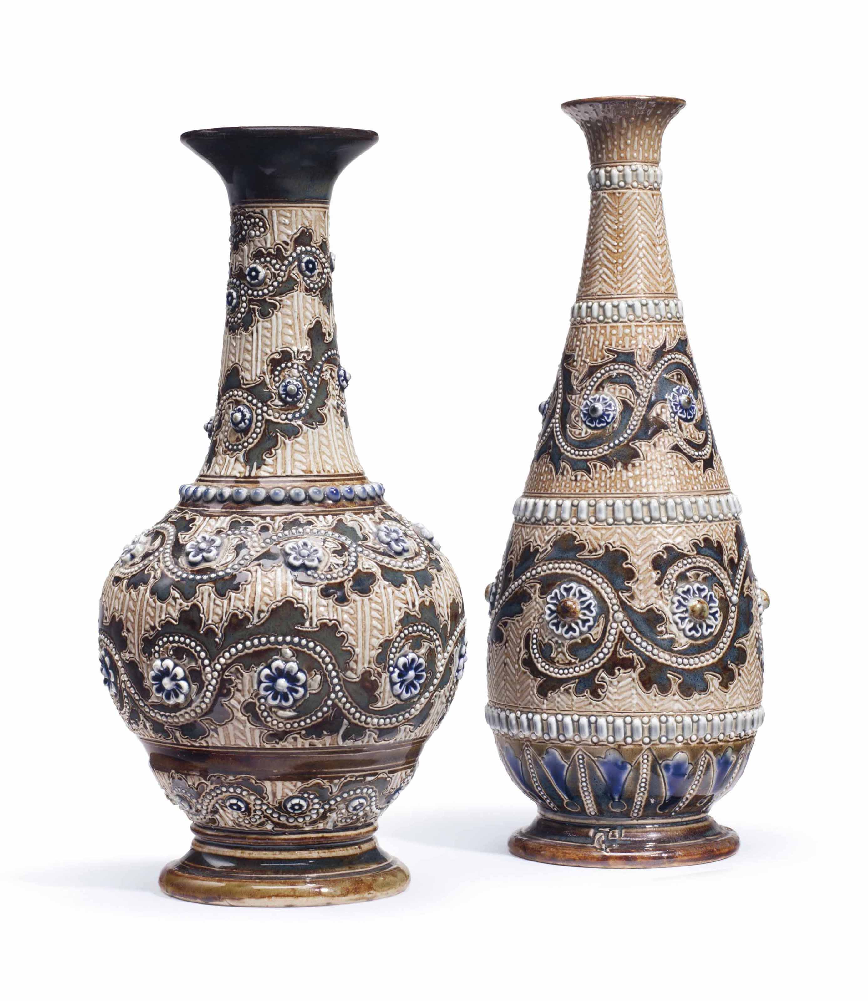 TWO DOULTON LAMBETH STONEWARE VASES , DATED 18756, IMPRESSED OVAL
