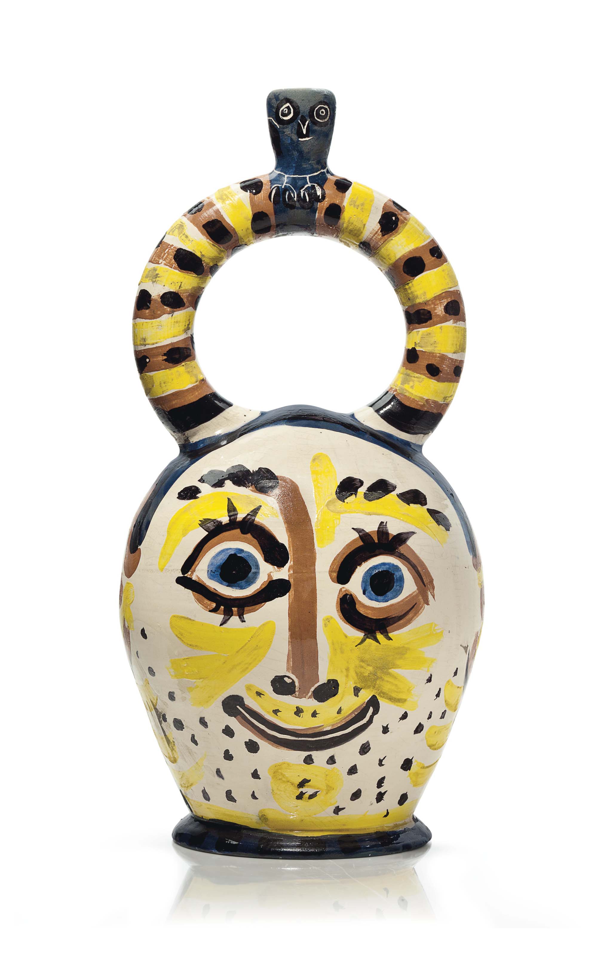 Picasso Vase - Pablo Picasso Wood Owl Vase - Framed by a blue box, which is in turn framed by white and yellow lines, the sun is made of yellow, green, and black pastels.
