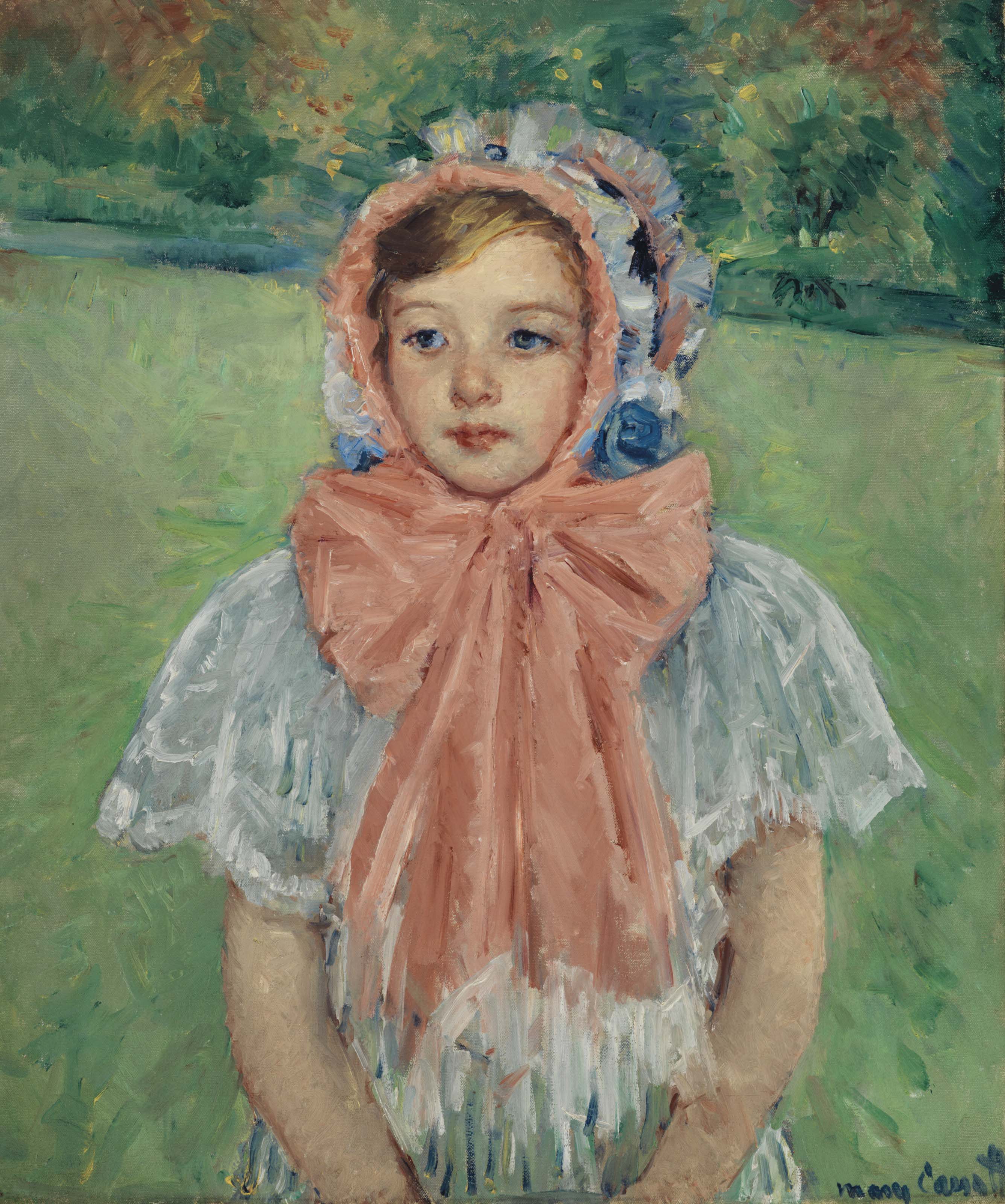 Mary Cassatt 1844 1926 Girl In A Bonnet Tied With A Large Pink