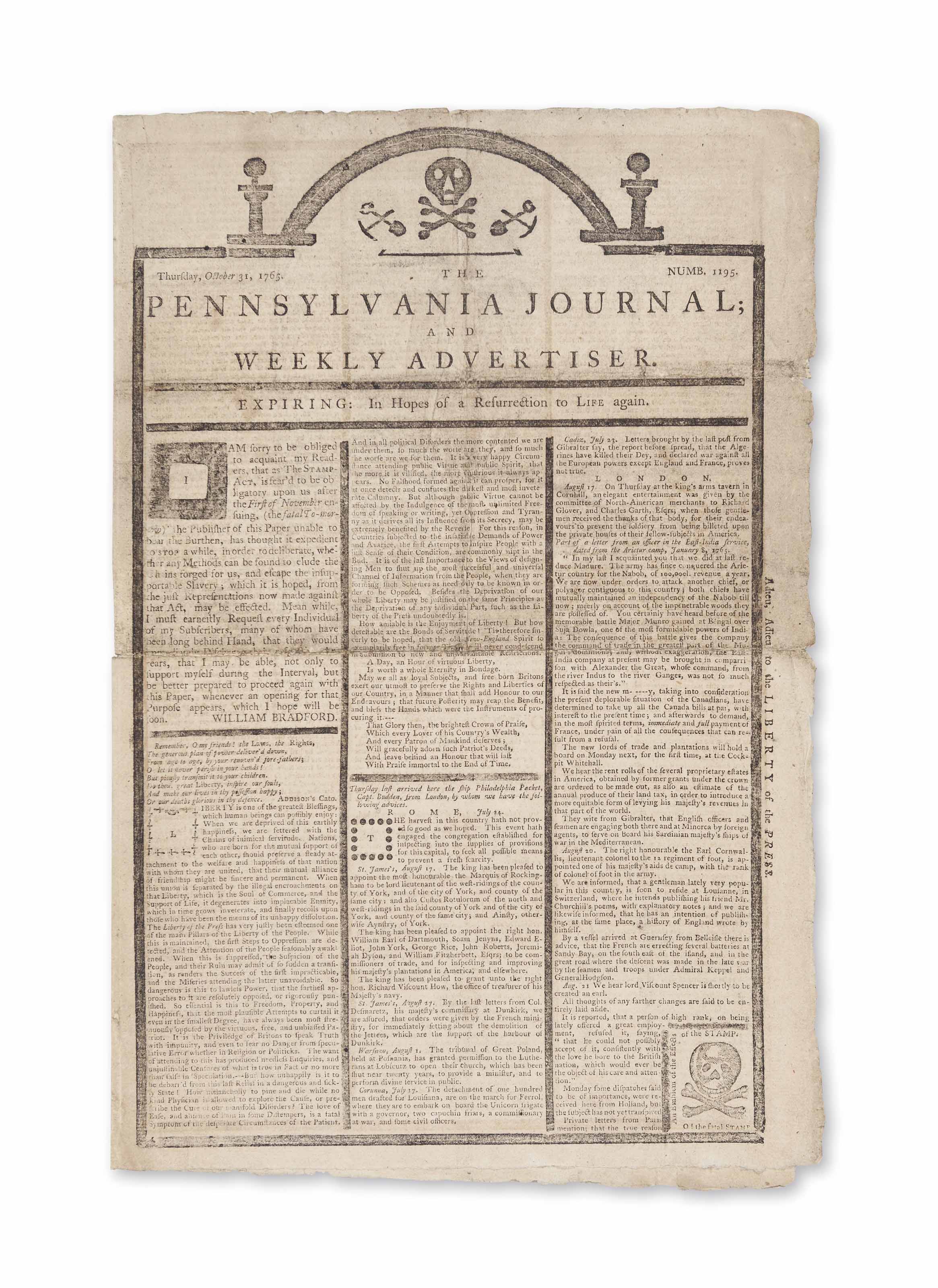 Bradford William 1719 1791 Editor The Pennsylvania Journal And Weekly Advertiser Expiring In Hopes Of A Resurrection To Life Again Philadelphia William Bradford 31 October 1765 Christie S