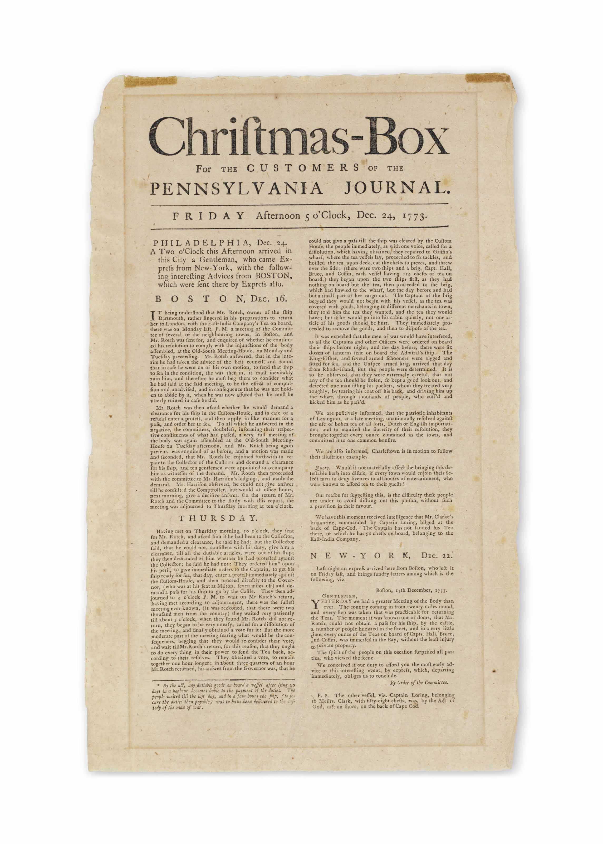 Boston Tea Party Christmas Box For The Customers Of The Pennsylvania Journal Philadelphia Thomas Bradford Friday Afternoon 5 O Clock 24 December 1773 Christie S