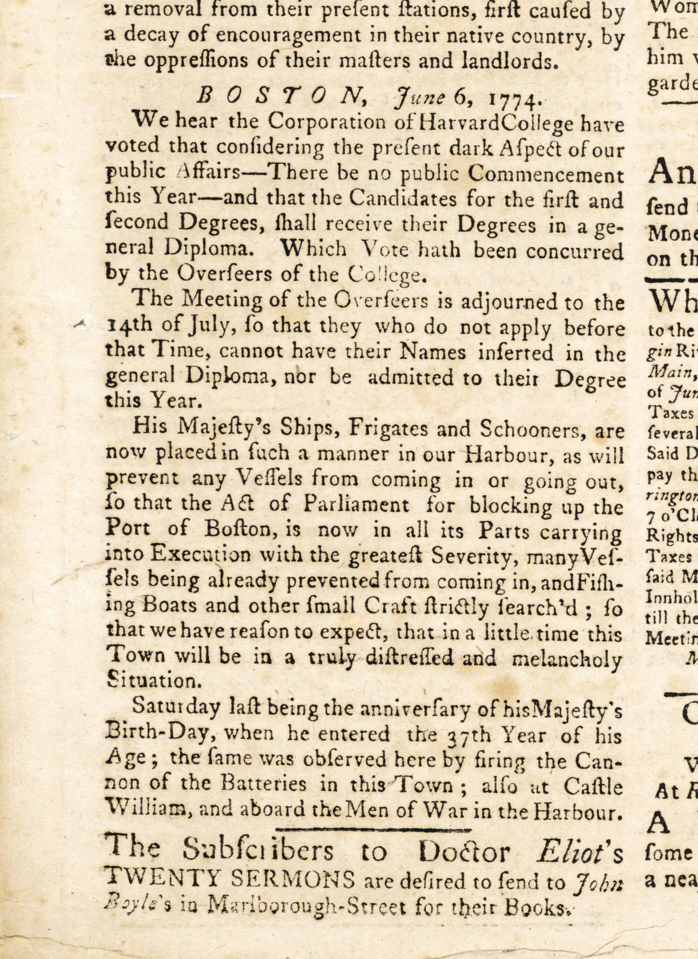 Boston Port Act The Boston Evening Post Boston Thomas And John Fleet 6 June 1774 No 2019 Christie S