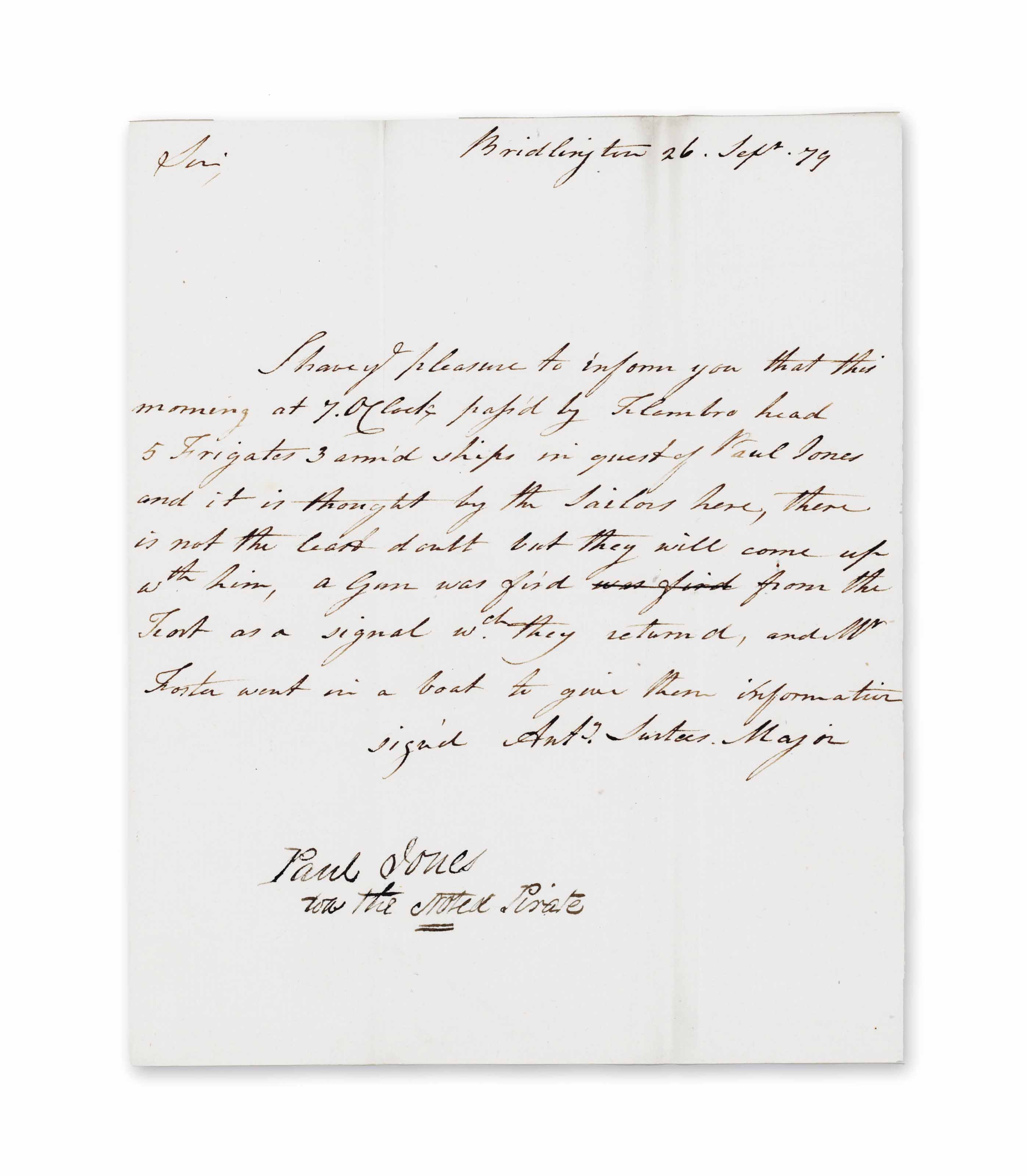 JONES, John Paul (17471792) — SURTEES, Anthony. Manuscript letter