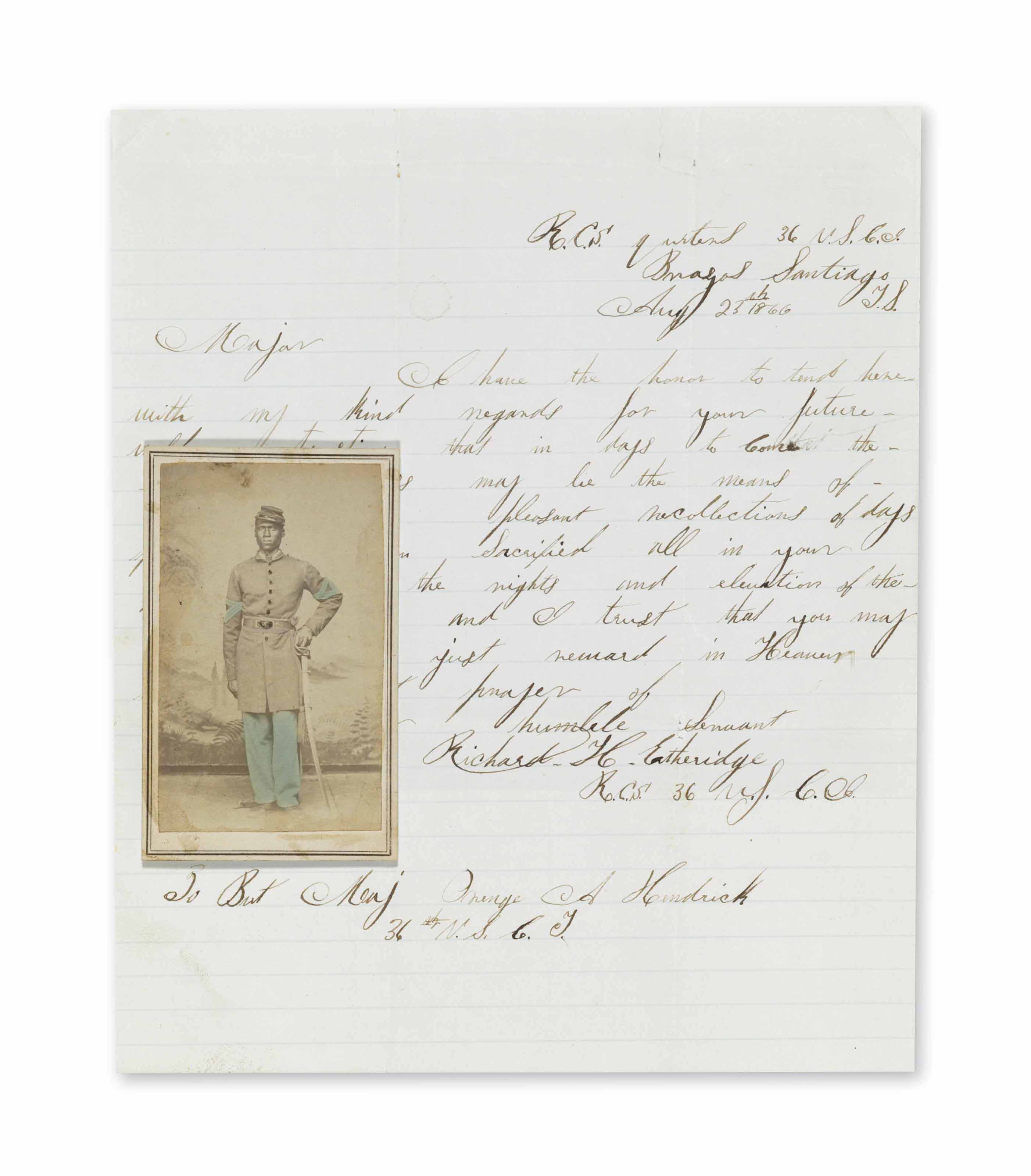 Autograph letter signed (“Richard H. Eatheridge R.C.S. 36 U.S.C.T.”), Brazos, Santiago, Tex., 23 August 1866 to Oren A.... 