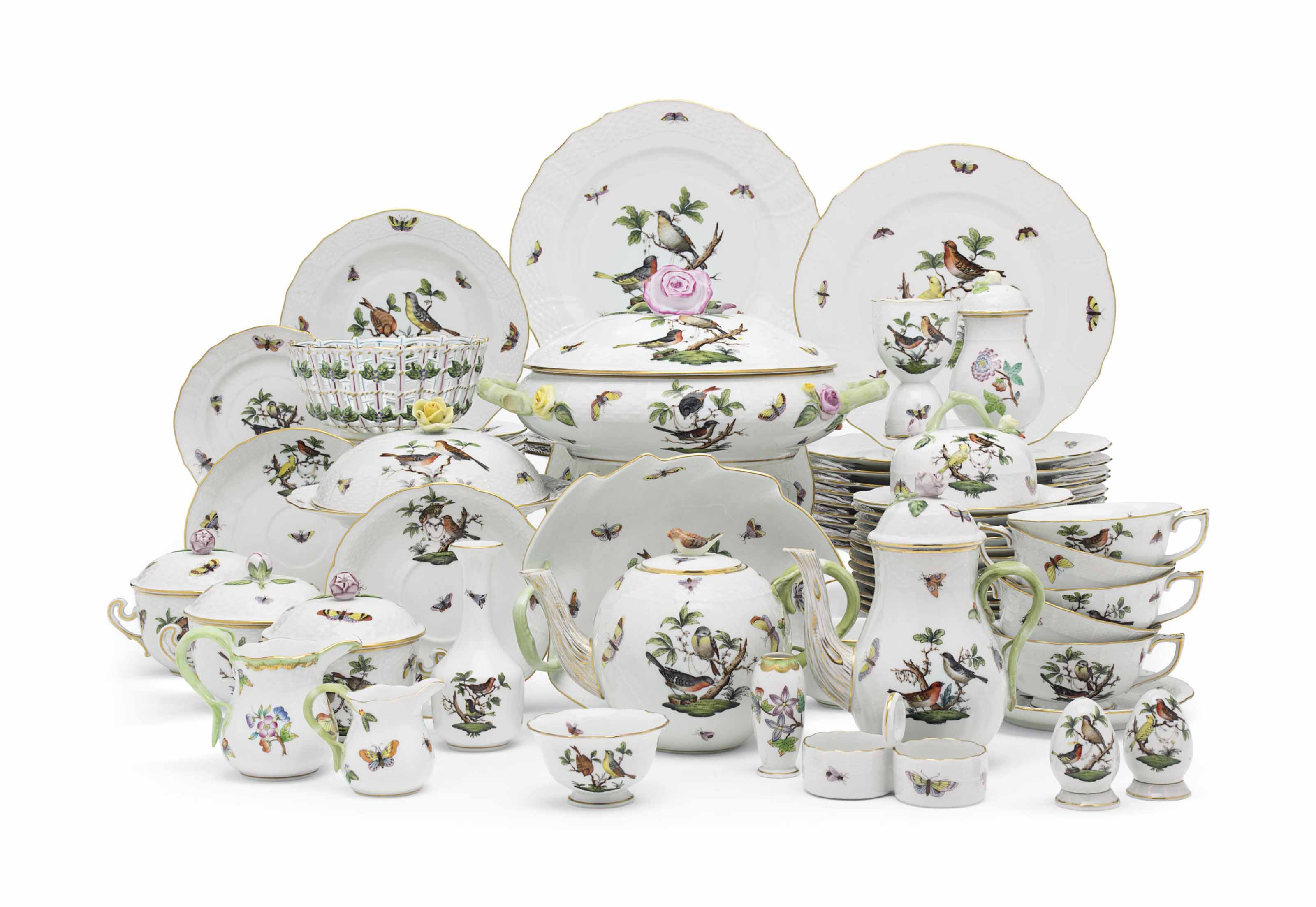 A HEREND PORCELAIN 'ROTHSCHILD BIRDS' PART DINNER SERVICE , 20TH