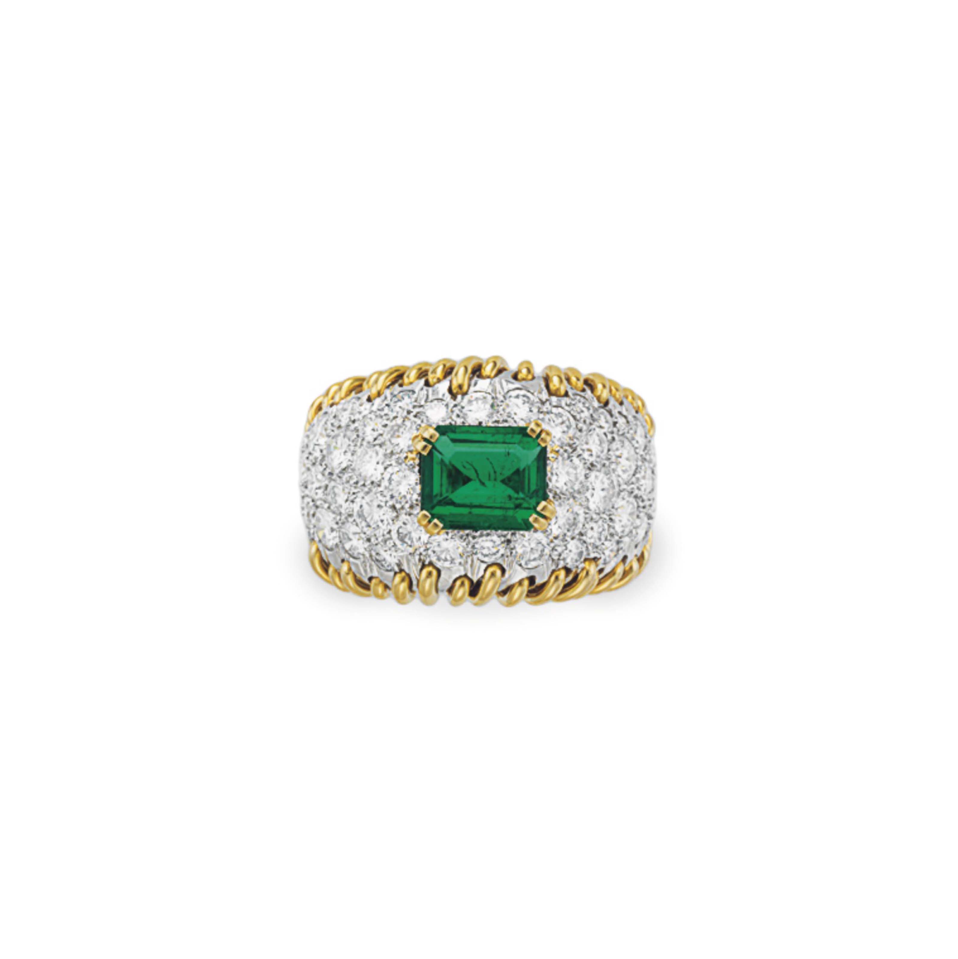 AN EMERALD AND DIAMOND 'STITCHES' RING 
