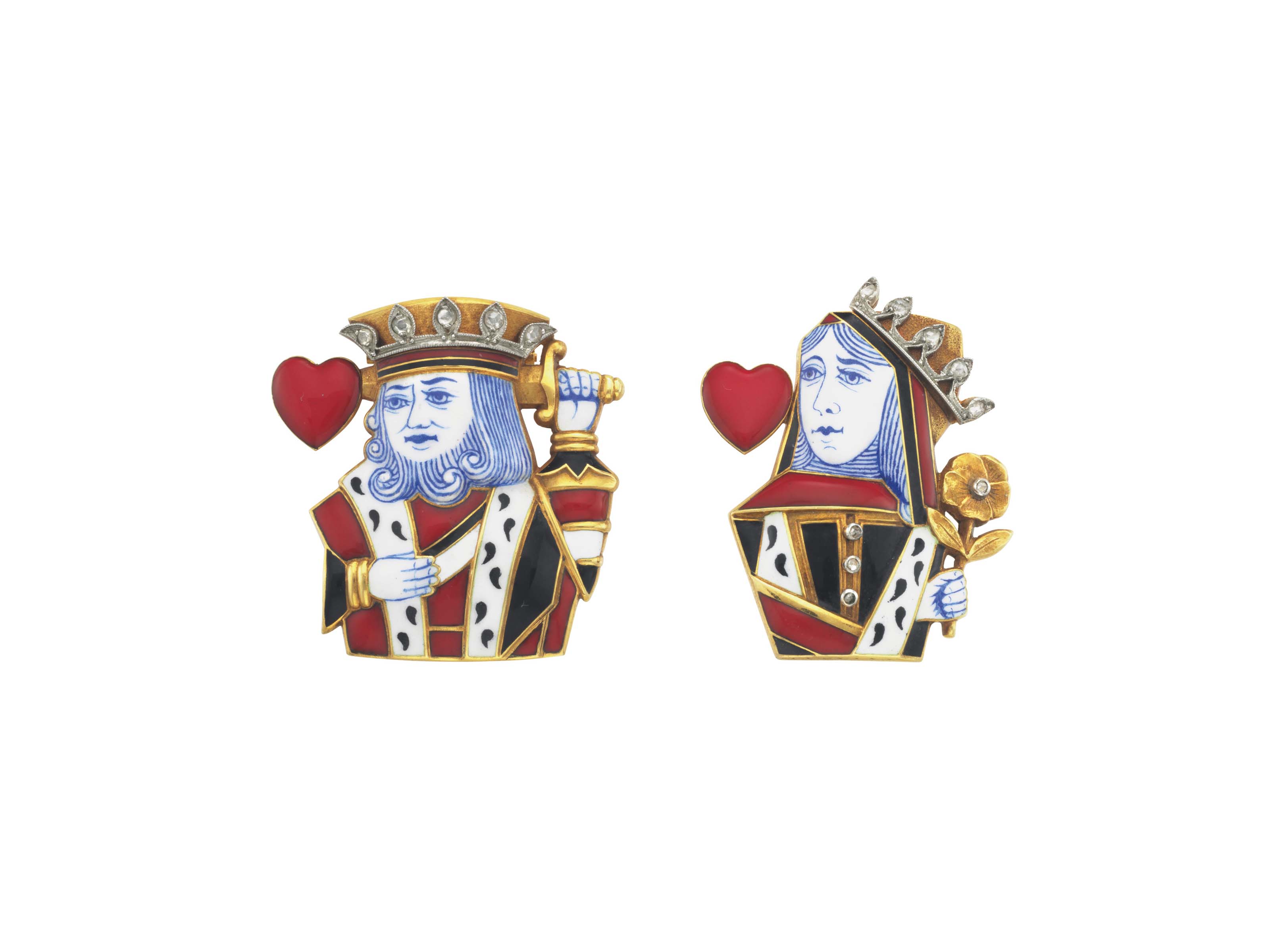 A Pair Of Art Deco Diamond And Enamel King Of Hearts And Queen