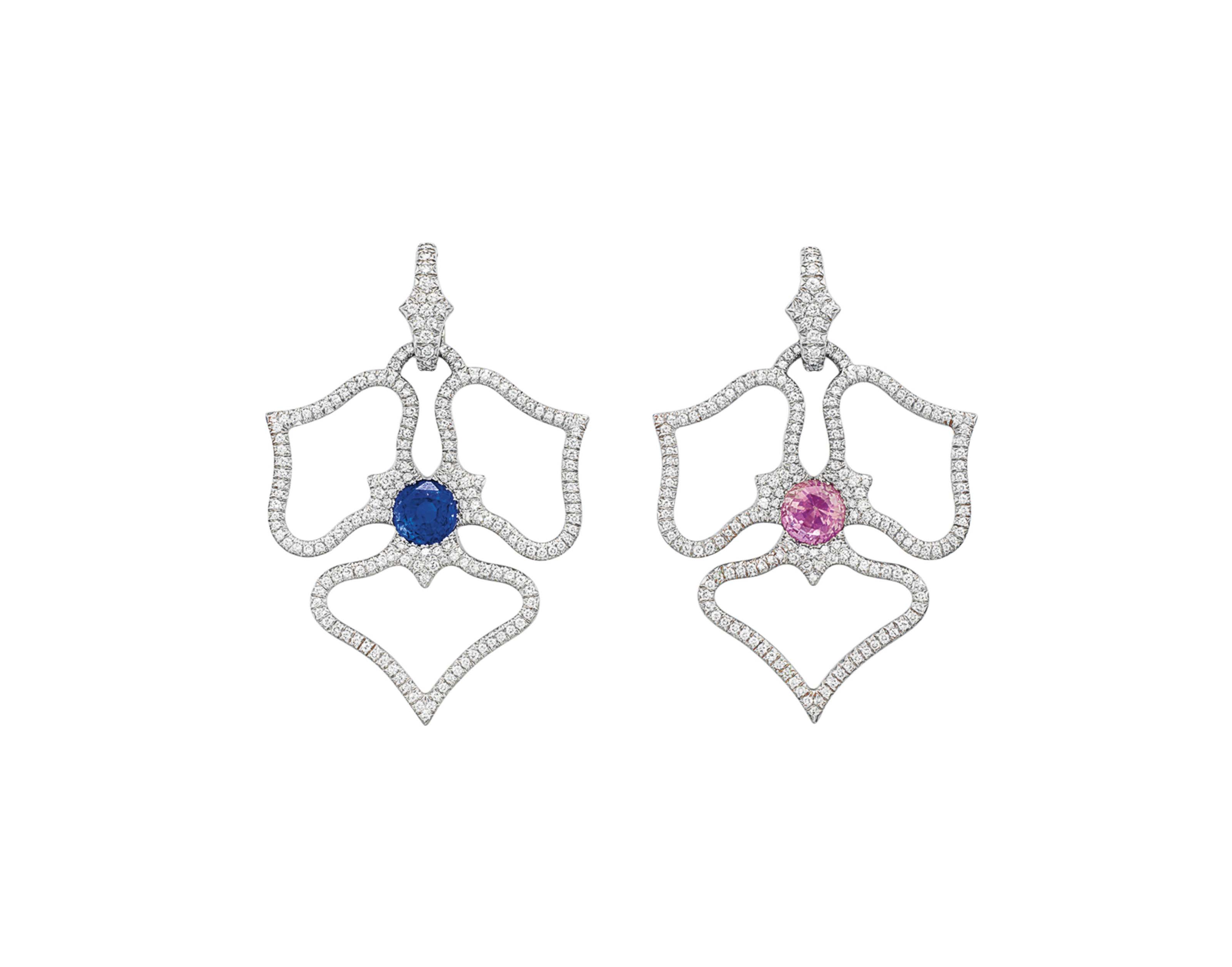 A PAIR OF SAPPHIRE, COLORED SAPPHIRE AND DIAMOND EAR PENDANT...
