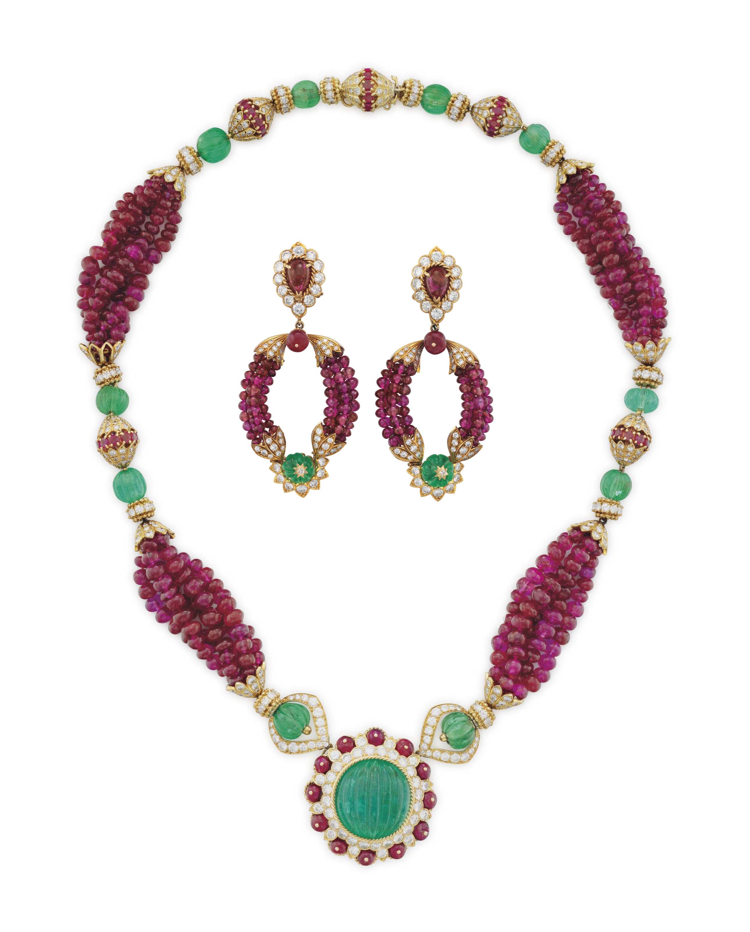 AN ICONIC SET OF EMERALD, RUBY AND DIAMOND JEWELRY, BY VAN CLEEF