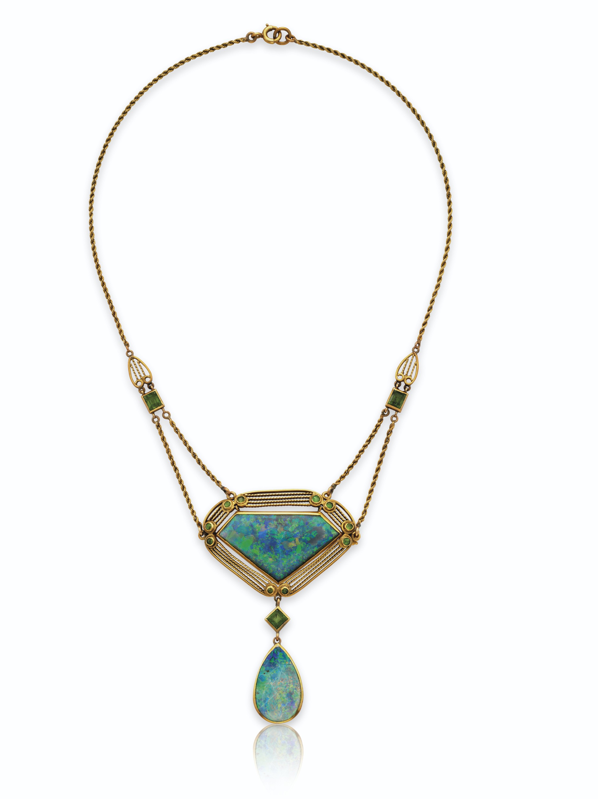 A BLACK OPAL, DEMANTOID AND GOLD NECKLACE, BY LOUIS COMFORT