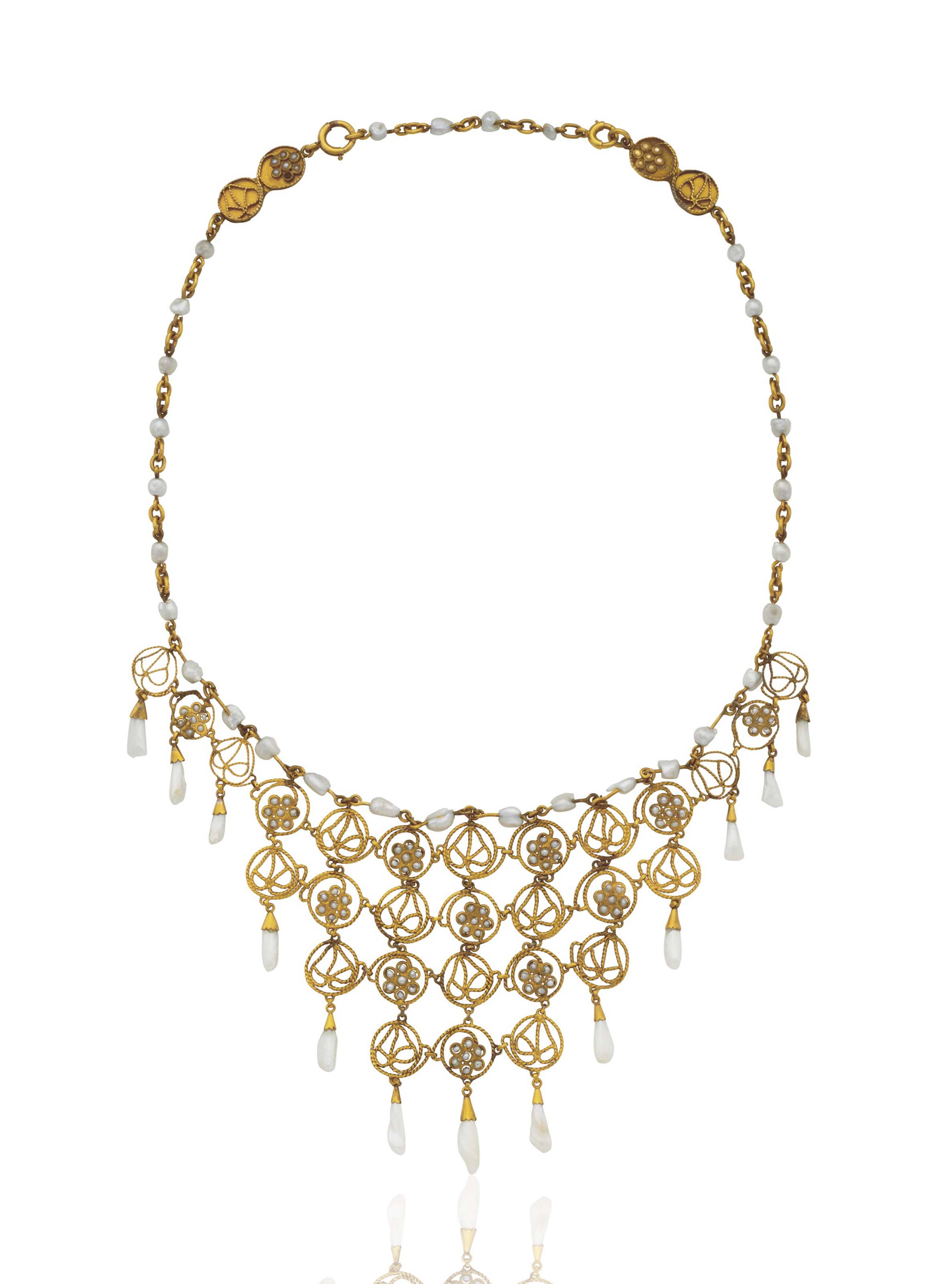 A DELICATE PEARL AND GOLD BIB NECKLACE BY LOUIS COMFORT TIFFANY