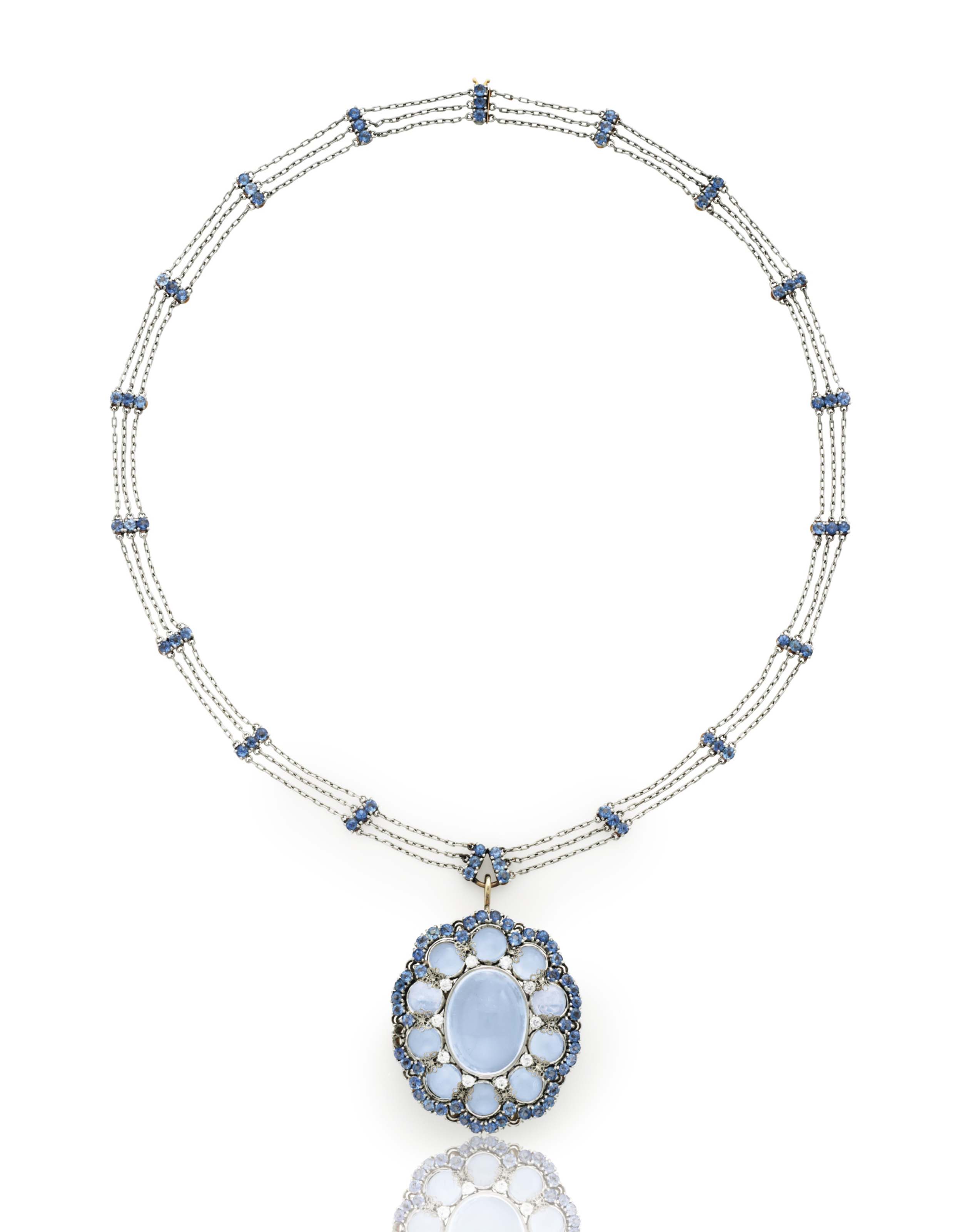 Moonstone and Sapphire Pendant Necklace