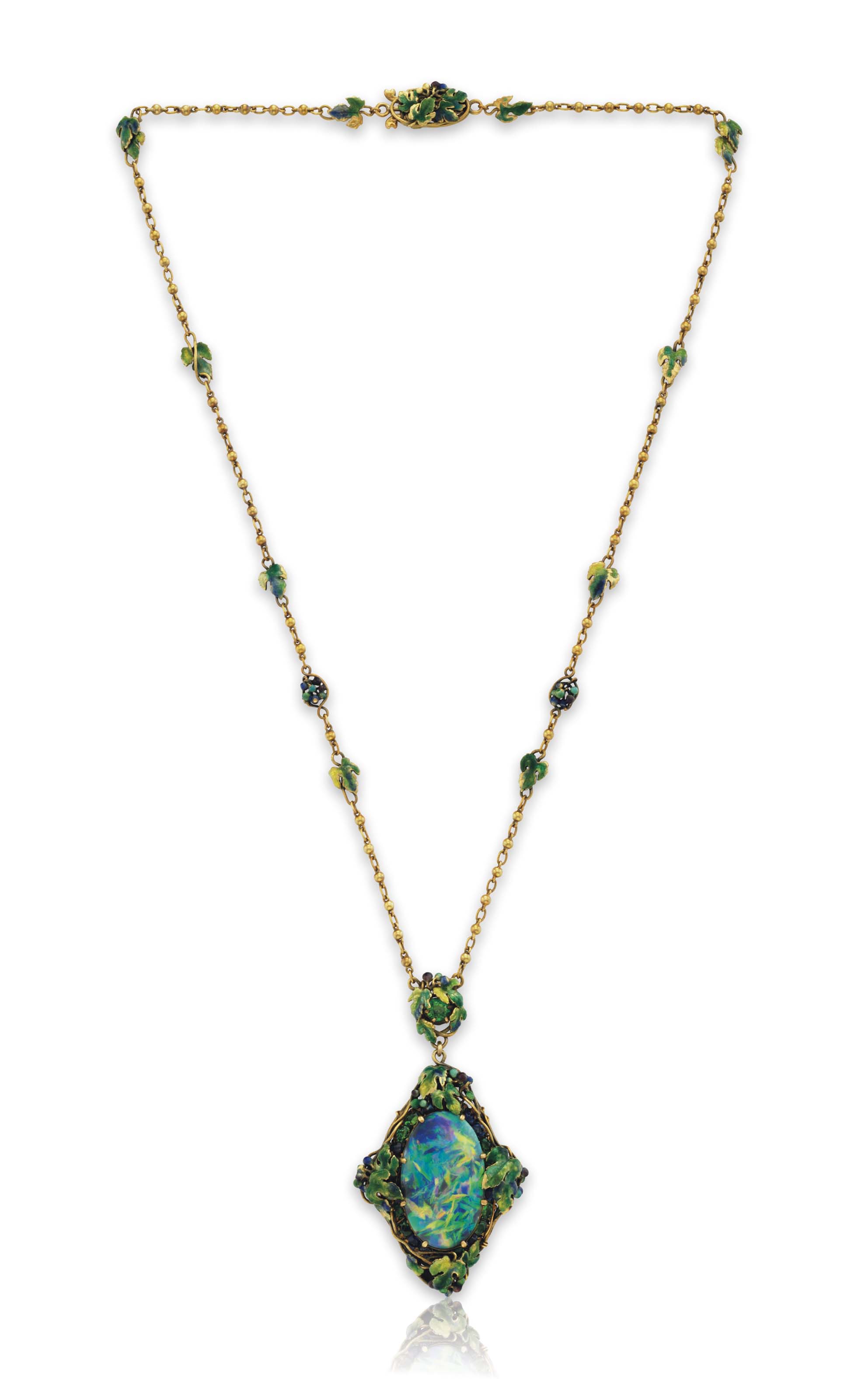 A BLACK OPAL AND MULTI GEM PENDANT NECKLACE BY LOUIS COMFORT TIFFANY TIFFANY CO. Christie s