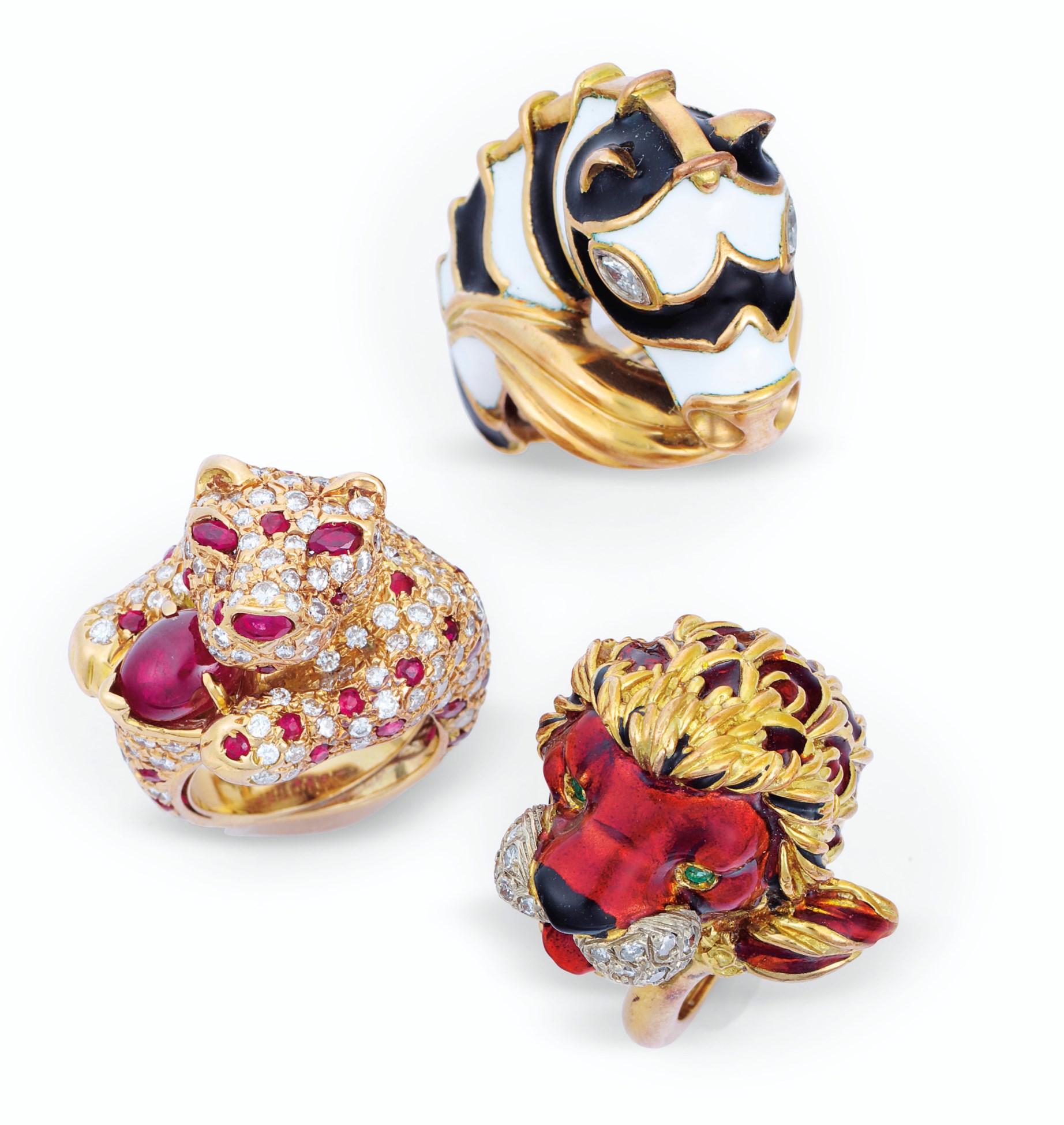 THREE MULTIGEM, ENAMEL AND GOLD ANIMAL RINGS