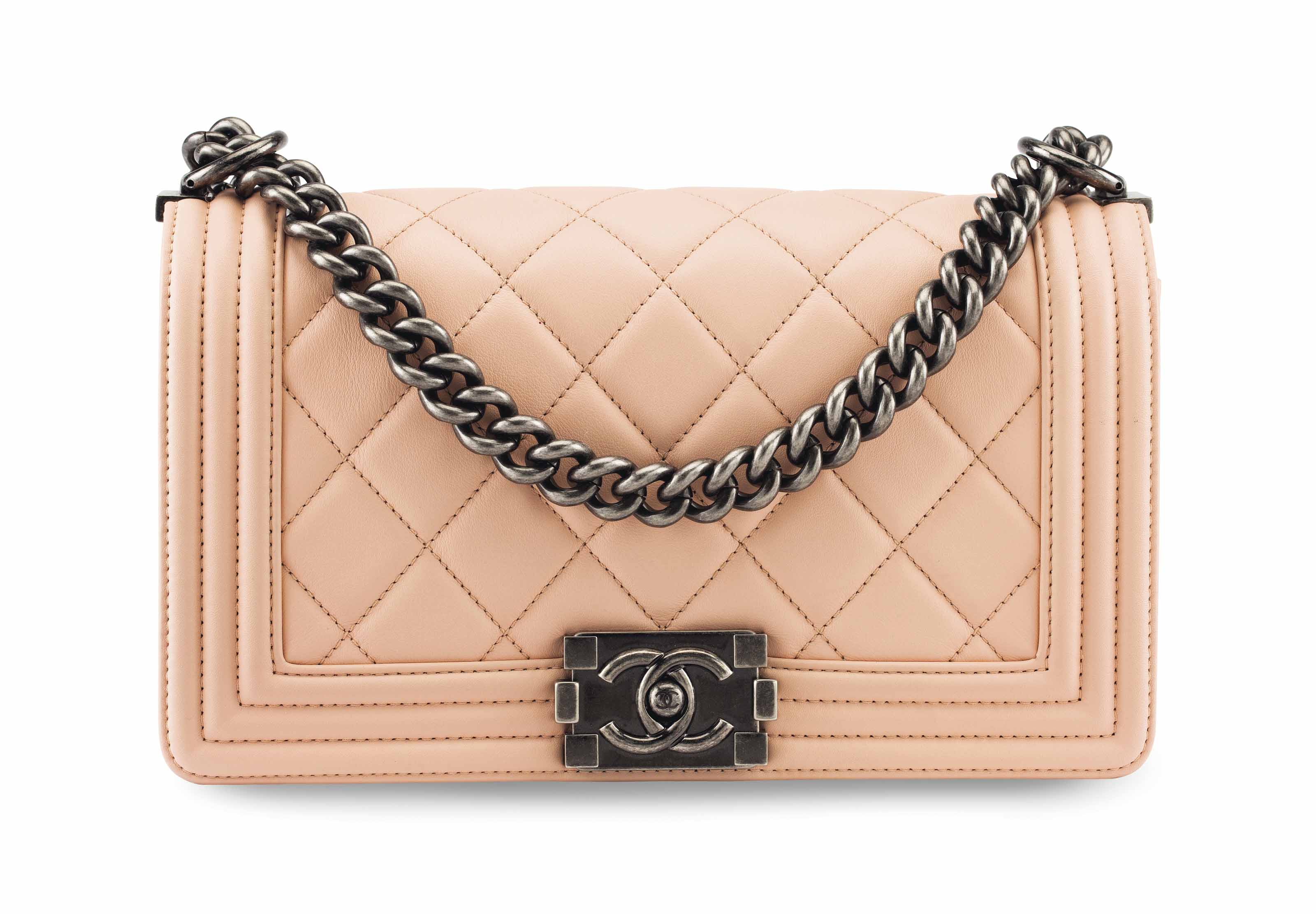 A LIGHT PINK QUILTED LAMBSKIN LEATHER MEDIUM BOY BAG WITH GUNMETAL HARDWARE