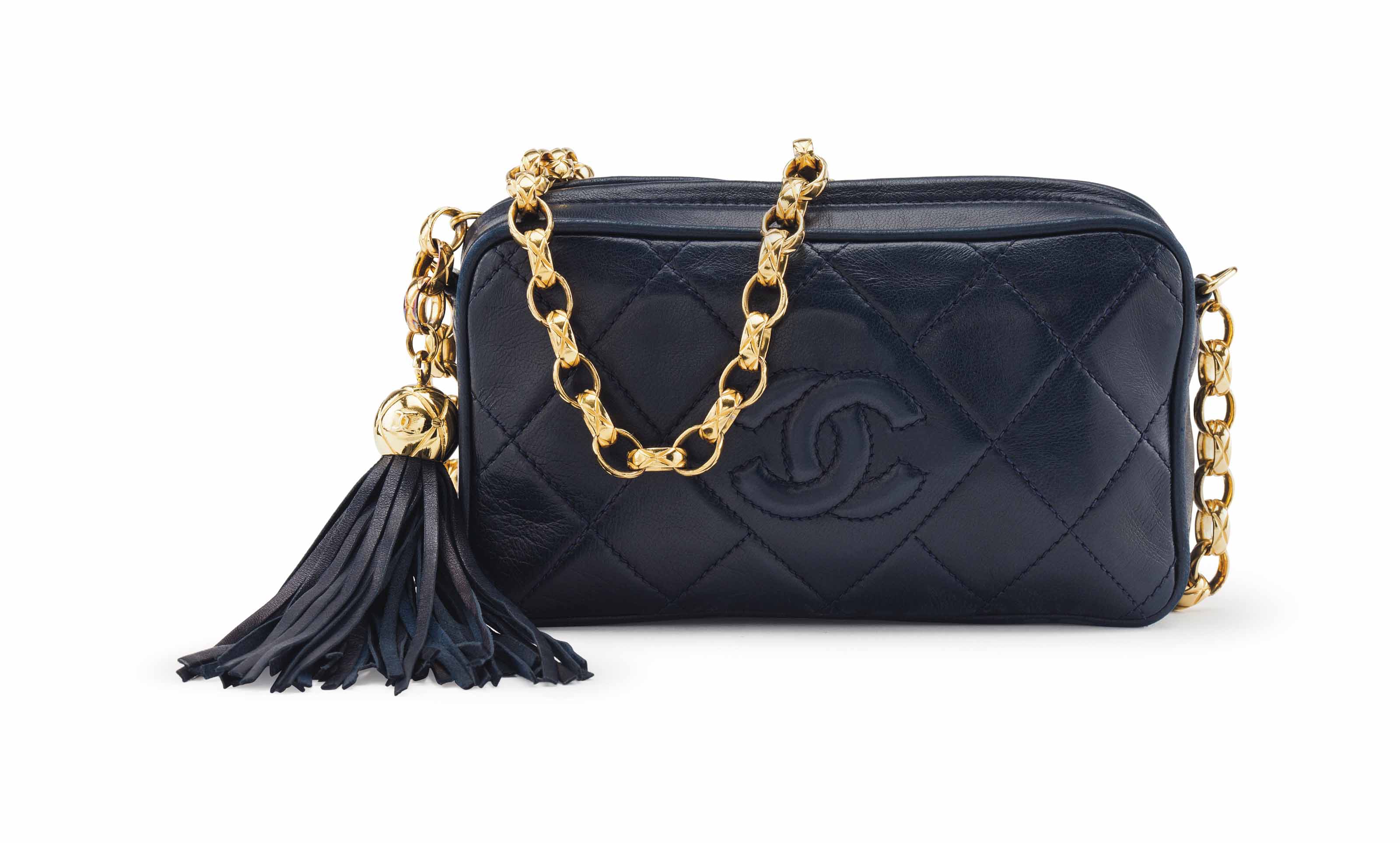 A NAVY LAMBSKIN LEATHER CAMERA BAG WITH GOLD HARDWARE