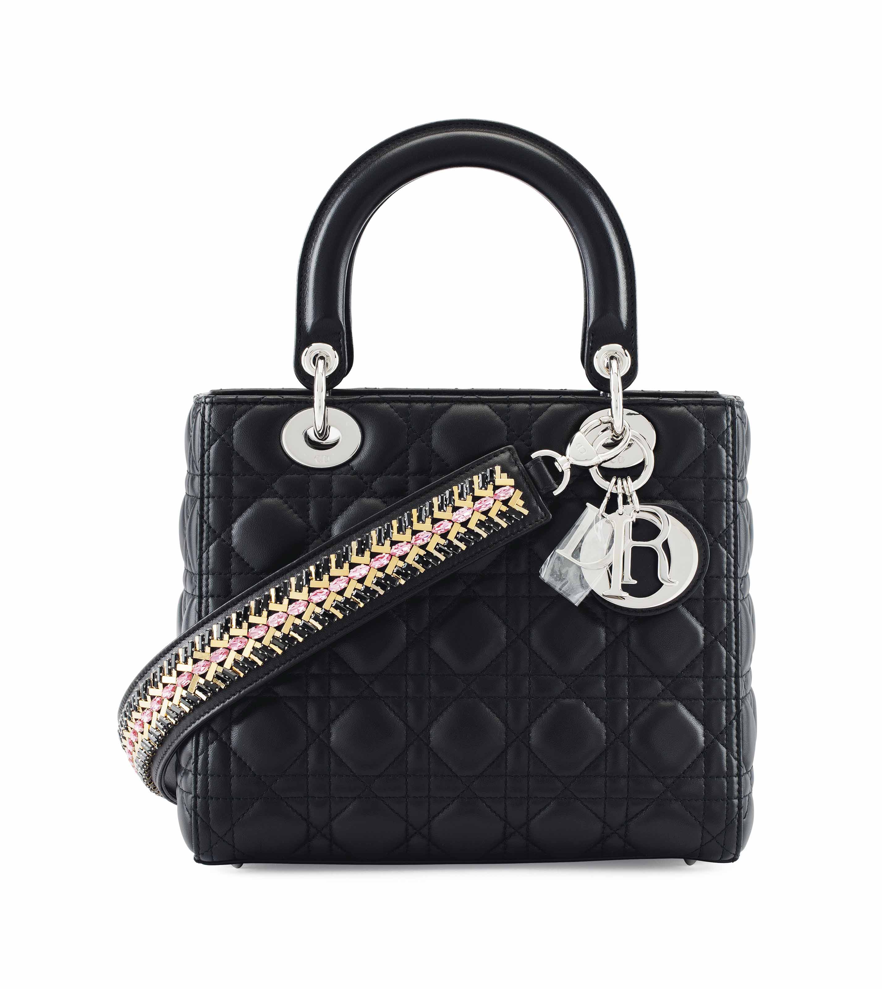 A BLACK QUILTED LEATHER LADY DIOR MEDIUM BAG WITH EMBELLISHED STRAP & SILVER HARDWARE, CHRISTIAN ...