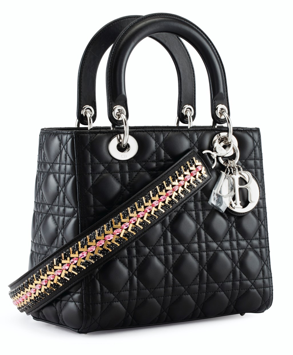 A BLACK QUILTED LEATHER LADY DIOR MEDIUM BAG WITH EMBELLISHED STRAP ...