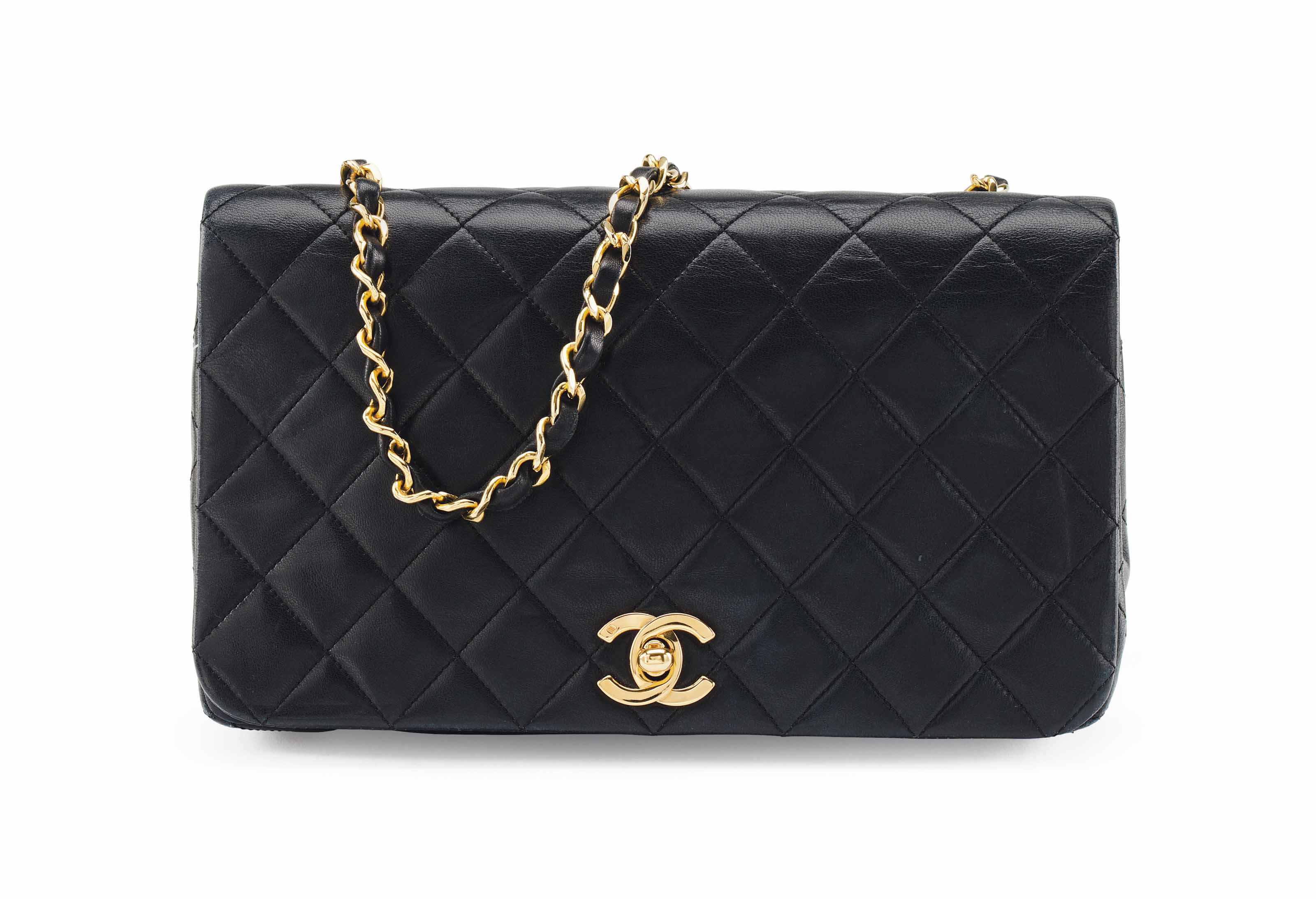 A BLACK LAMBSKIN LEATHER SINGLE FLAP BAG WITH GOLD HARDWARE